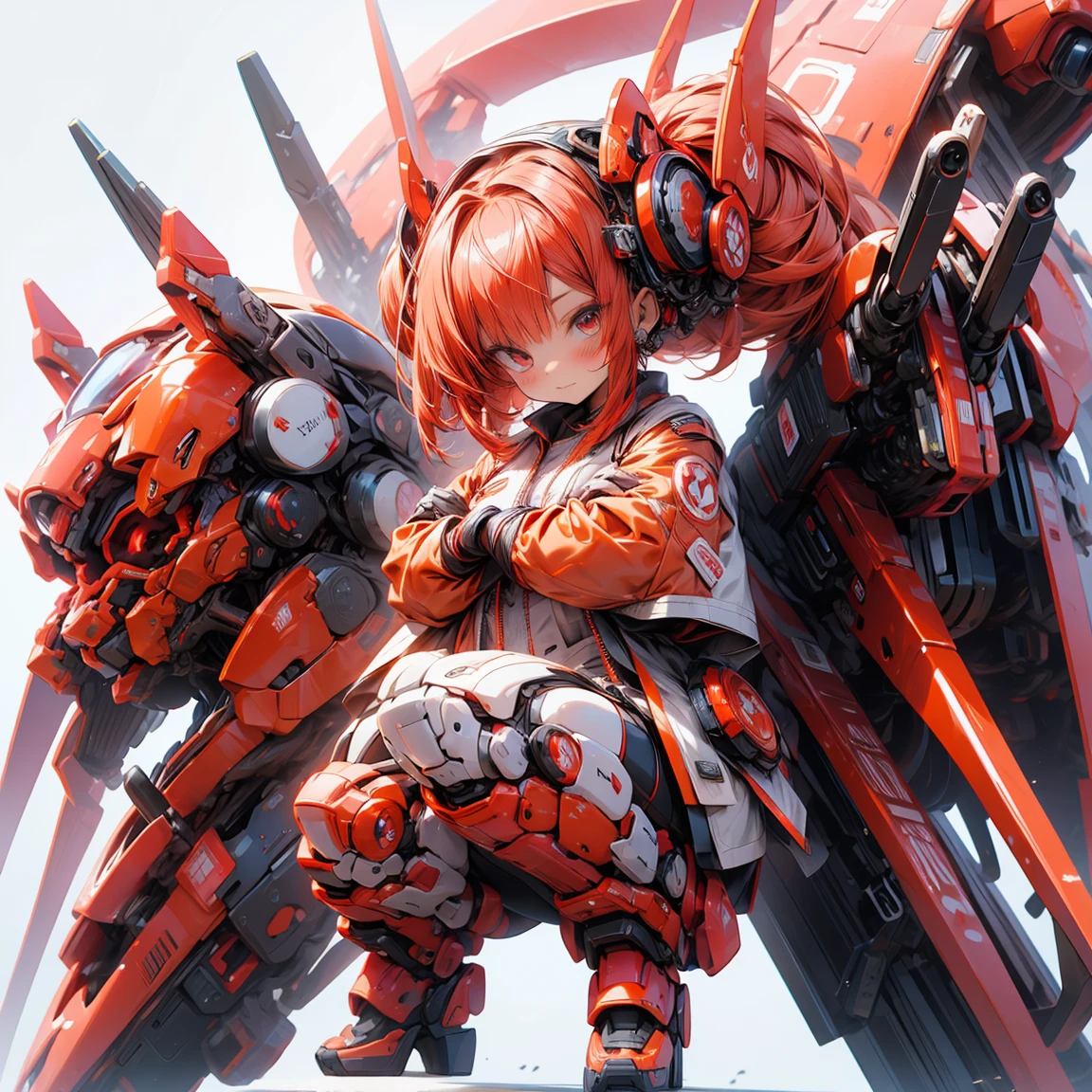 masutepiece, Best Quality, Extremely detailed, Anime, mecha musume, (Red hair), Full body, Battle Pose, Deformed, Chibi Character,