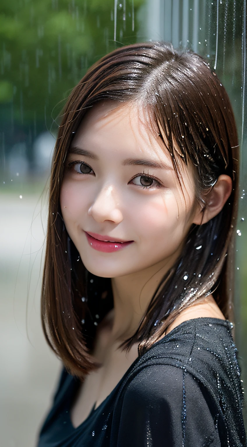 (in 8K、Raw photography、top-quality、masterpiece:1.2)、The ultra-detailliert、Hyper-Resolution、(realisitic、photos realistic:1.35)、portlate、High detail RAW color photos、professional photograpy、highly detailed and beautiful、ighly detailed、8k wallpaper、Amazingly detailed、huge filesize、Official art、the Extremely Detailed CG Unity 8K Wallpapers、Very detailed beautiful girl、extra detailed face、extremely detailed eye、highlydetailed skin、 extremely detailed fingers、highly detailed nose、highly detail mouth、perfect anatomia、highly detailed back ground、Very detailed clothes、16yo girl、Cute s、Realistic body、、fair white skin、glistning skin、((Slender proportions))、Slim body、Handsome body、A dark-haired、shorth hair、(bangss:1.2)、A smile、cute little、zora々Right、cute face、Realistic face、Delicat eyes、large full breasts、(Immerse yourself in the cold mist)、(rainy wet、wet from the rain、Wet shirt:1.5)、Real rain、(wetting hair:1,5)、girl with、brown haired、Beautiful face in every detail、Realistic human skin、Gentle expression、Biting smile、Office Casual、Black-haired、hair messy、In the streets of Tokyo、From above