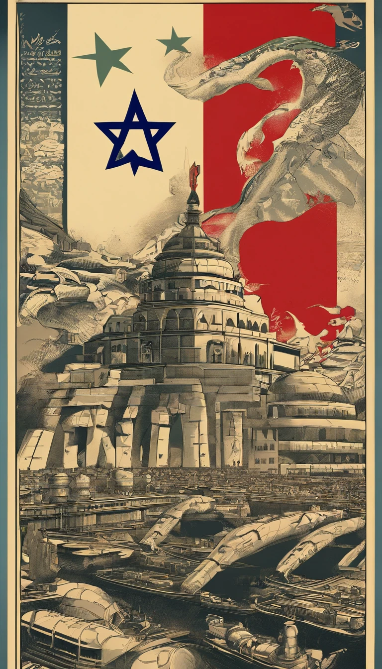 conflicting composition、war between israel and palestine、Gaza Strip、Hamas、Make conflict easy to understand、caricature、America supports Israel、Iran supports Palestine、China controls everything、United States Flag、Iranian flag、Flag of China