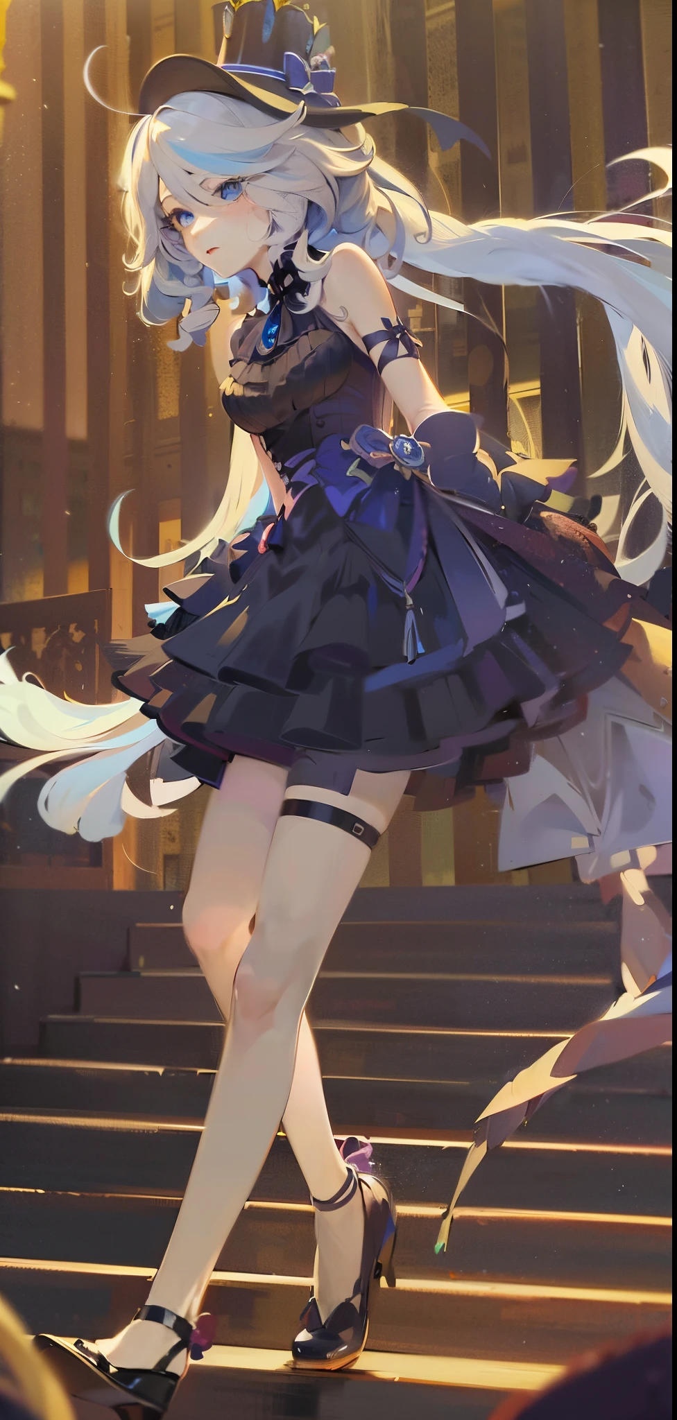 anime girl in a black dress and hat walking down a flight of stairs, anime girl wearing a black dress, loli in dress, cute anime waifu in a nice dress, trending on artstation pixiv, from girls frontline, splash art anime loli, guweiz on pixiv artstation, cushart krenz key art feminine, detailed key anime art