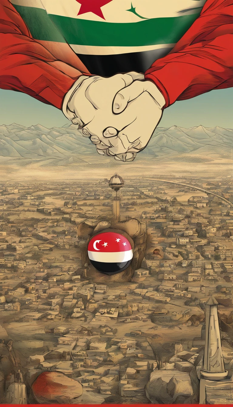 conflicting composition、war between israel and palestine、Gaza Strip、Hamas、Make conflict easy to understand、caricature、America supports Israel、Iran supports Palestine、China controls everything、United States Flag、Iranian flag、Flag of China