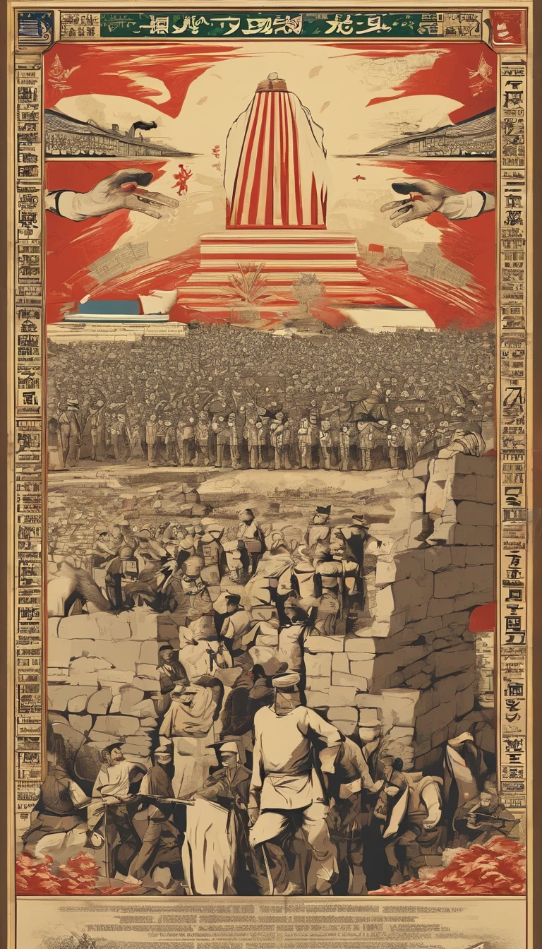 conflicting composition、war between israel and palestine、Gaza Strip、Hamas、Make conflict easy to understand、caricature、America supports Israel、Iran supports Palestine、China controls everything、United States Flag、Iranian flag、Flag of China