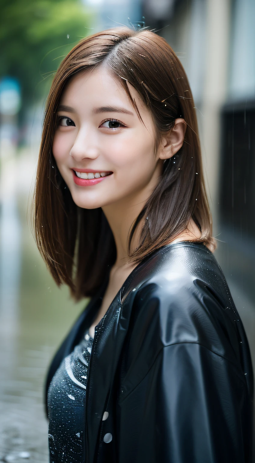 (in 8K、Raw photography、top-quality、masterpiece:1.2)、The ultra-detailliert、Hyper-Resolution、(realisitic、photos realistic:1.35)、portlate、High detail RAW color photos、professional photograpy、highly detailed and beautiful、ighly detailed、8k wallpaper、Amazingly detailed、huge filesize、Official art、the Extremely Detailed CG Unity 8K Wallpapers、Very detailed beautiful girl、extra detailed face、extremely detailed eye、highlydetailed skin、 extremely detailed fingers、highly detailed nose、highly detail mouth、perfect anatomia、highly detailed back ground、Very detailed clothes、16yo girl、Cute little girl s、Realistic body、Petite、fair white skin、glistning skin、((Slender proportions))、Slim body、Handsome body、A dark-haired、shorth hair、(bangss:1.2)、A smile、cute little、zora々Right、cute face、Realistic face、Delicat eyes、large full breasts、(Immerse yourself in the cold mist)、(rainy wet、wet from the rain、Wet shirt:1.5)、Real rain、(wetting hair:1,5)、girl with、brown haired、Beautiful face in every detail、Realistic human skin、Gentle expression、Biting smile、Office Casual、Black-haired、hair messy、In the streets of Tokyo