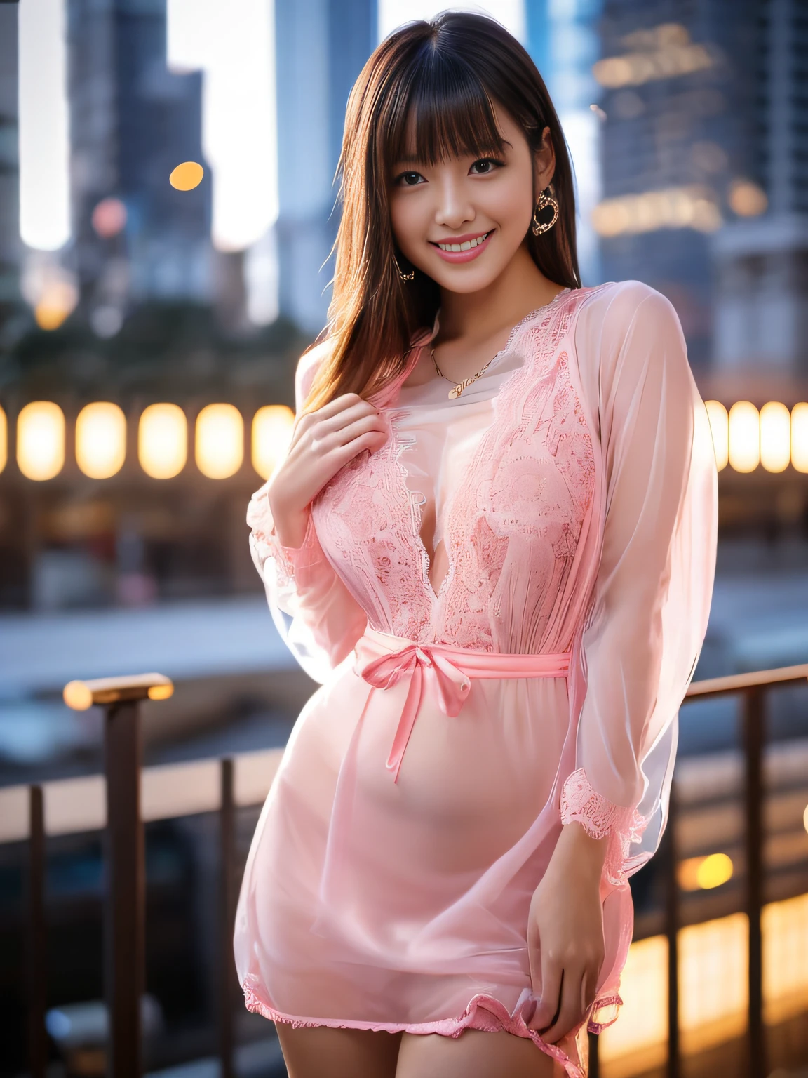 8K, masutepiece, Raw photo, Best Quality, Photorealistic, Highly detailed CG Unity 8K wallpaper, depth of fields, Cinematic Light, Lens Flare, Ray tracing, (Extremely beautiful face, Beautiful lips, Beautiful eyes), intricate detail face, ((Ultra detailed skin)) 1girl in, In the Dark, deepshadow, cute asian girl, Idol,(Very slim and slender fit muscular body:1.3), ((Looking at Viewer)),(Big smile:1.3), (Cityscape, Blurry background), (dim lights, teto, veranda), Pretty girl, earrings, Bracelets, Necklace, Clear eyes, Walking , Front shot, (pale skin), Face forward, (Big eyes), ((Full body shot)), ((Black Silk Lace)), ((See-through red color sleep gown:1.3)), (Brown hairs) (Looking at Viewer:1.3), (Laced panties), opened breast, medium breasts, shiny , (see through, Pink Sleeping Gown :1.3), veranda