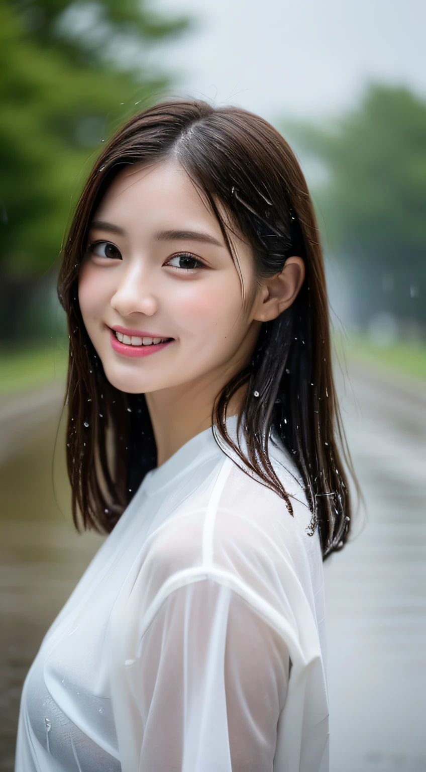 (in 8K、Raw photography、top-quality、​masterpiece:1.2)、The ultra-detailliert、Hyper-Resolution、(realisitic、photos realistic:1.35)、portlate、High detail RAW color photos、professional photograpy、highly detailed and beautiful、ighly detailed、8k wallpaper、Amazingly detailed、huge filesize、Official art、the Extremely Detailed CG Unity 8K Wallpapers、Very detailed beautiful girl、extra detailed face、extremely detailed eye、highlydetailed skin、 extremely detailed fingers、highly detailed nose、highly detail mouth、perfect anatomia、highly detailed back ground、Very detailed clothes、16yo girl、Cute little girl s、Realistic body、Petite、fair white skin、glistning skin、((Slender proportions))、Slim body、Handsome body、A dark-haired、shorth hair、(bangss:1.2)、A smile、cute little、zora々Right、cute  face、Realistic face、Delicat eyes、large full breasts、(Immerse yourself in the cold mist)、(rainy wet、wet from the rain、Wet shirt:1.5)、Real rain、(wetting hair:1,5)、girl with、brown haired、Beautiful face in every detail、Realistic human skin、Gentle expression、Biting smile、Office Casual、Black-haired、hair messy、In the streets of Tokyo