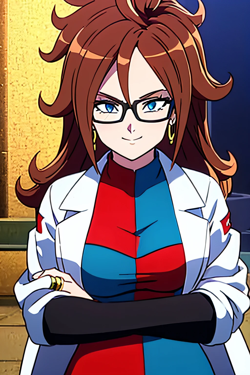 Android 21, Vomi, 1girl, android 21, jewelry, solo, glasses, earrings, long hair, labcoat, dress, checkered clothes, hoop earrings, brown hair, ring, checkered dress, blue eyes, breasts, looking at viewer, medium breasts, curly hair, 1girl, solo, upper body, facing viewer, looking at viewer, smile,