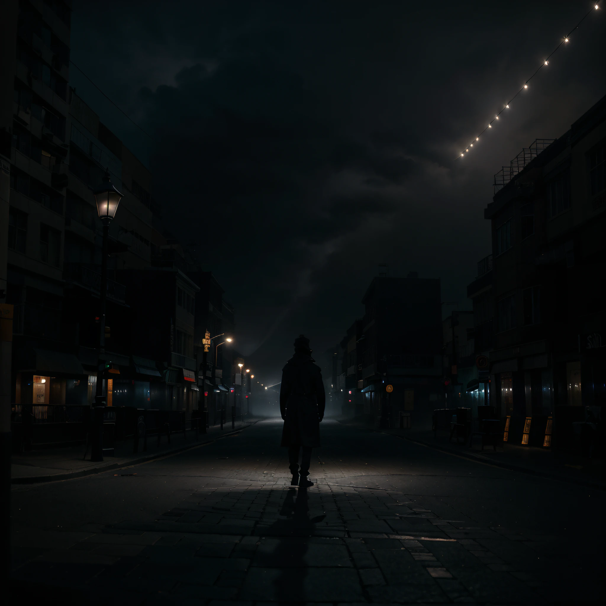 A male silluette that casts a shadow on the street. To the left and right are street lanterns that are shrouded in fog. The street is empty of people,UHD,,18k,,epic,,cinematic,rays draw in sky in a darkness and cloudy night.
