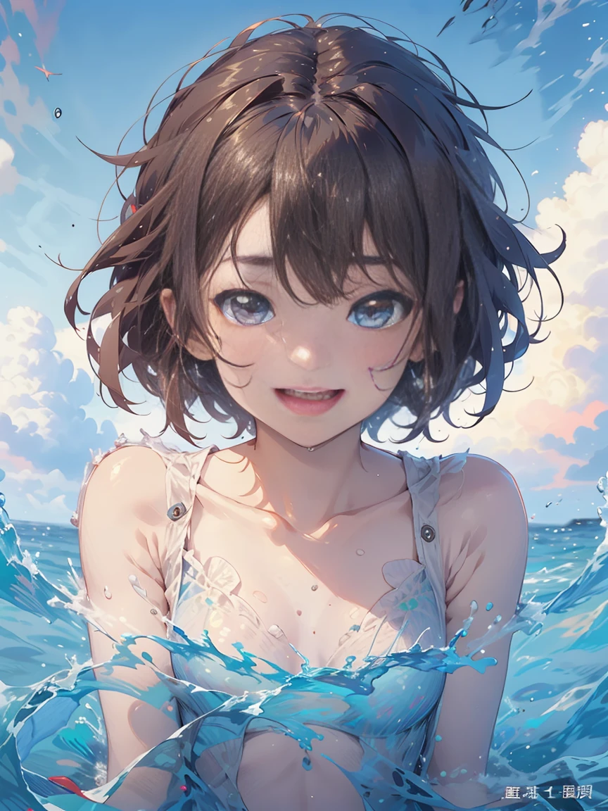 girl with、10 talents、Playing in the sea、Happy look、brown haired、short-hair、A smile、Mouth open、Do not draw the tongue、masterpiece、top-quality、beautiful countenance、detail portrayal、fullllbody, long focal、Composition with depth、