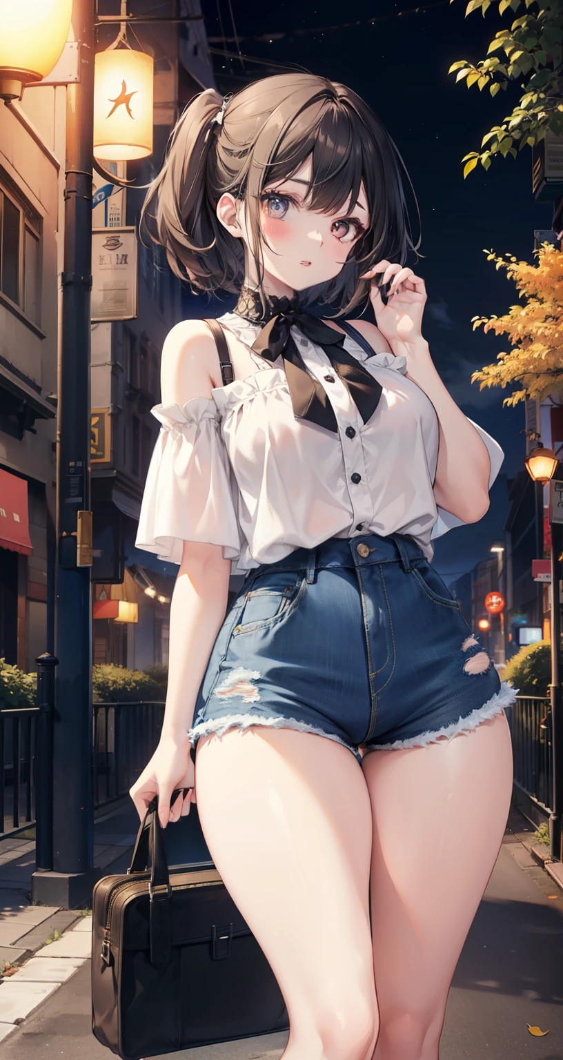 1 girl, pale skin, eyes, mouth, lips, giant hair, bangs, highlights, painted on the back of the head, neck, shoulders, short blouse, perfect belly, ripped short denim shorts, thick legs, thick thighs, Black Women's Medium Fishnet Pantyhose , background scenery, in the night park, beautiful night, wind, leaf flying, night light, people around, green aria, trees