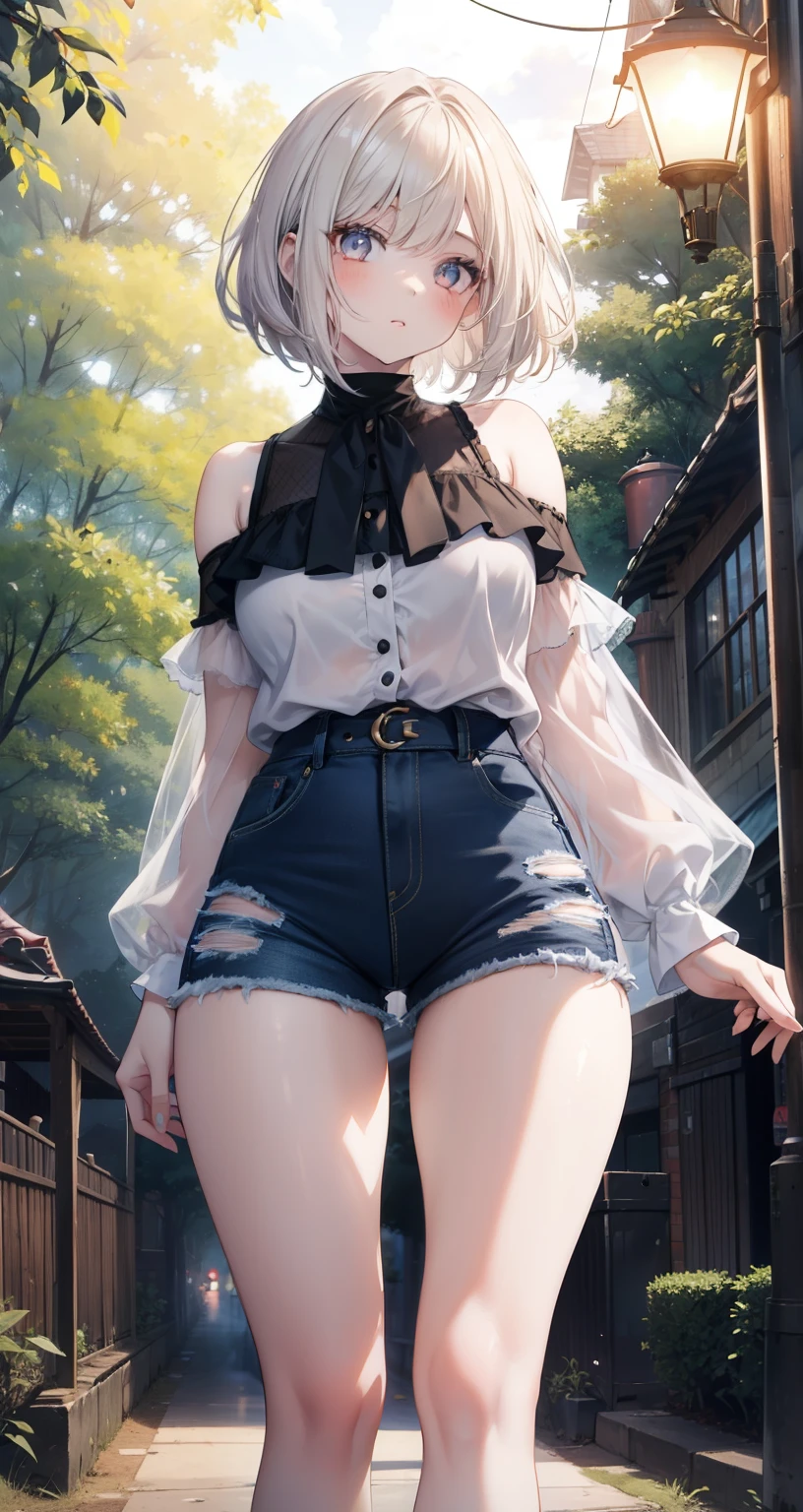 1 girl, pale skin, eyes, mouth, lips, giant hair, bangs, highlights, painted on the back of the head, neck, shoulders, short blouse, perfect belly, ripped short denim shorts, thick legs, thick thighs, Black Women's Medium Fishnet Pantyhose , background scenery, in the night park, beautiful night, wind, leaf flying, night light, people around, green aria, trees