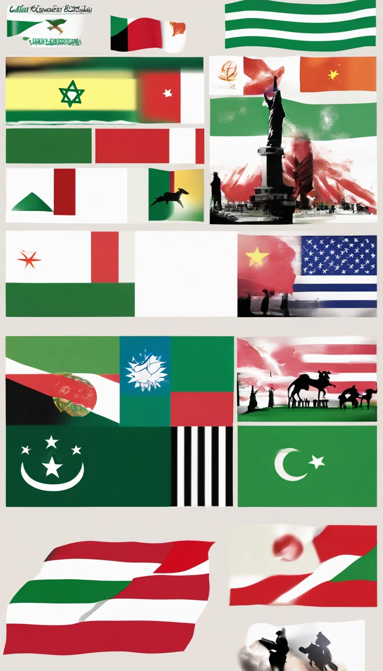 conflicting composition、war between israel and palestine、Gaza Strip、Hamas、Make conflict easy to understand、caricature、America supports Israel、Iran supports Palestine、China controls everything、United States Flag、Iranian flag、Flag of China
