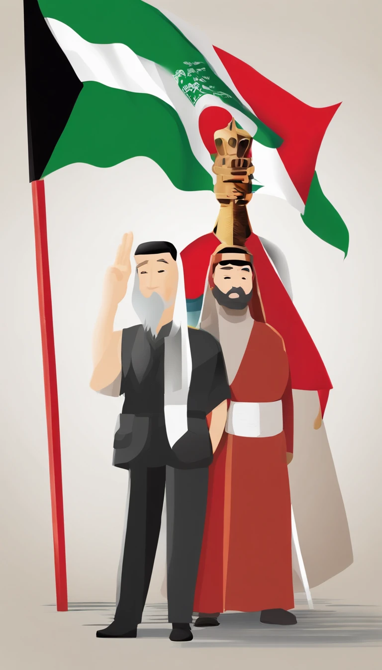 conflicting composition、war between israel and palestine、Gaza Strip、Hamas、Make conflict easy to understand、caricature、America supports Israel、Iran supports Palestine、China controls everything、United States Flag、Iranian flag、Flag of China