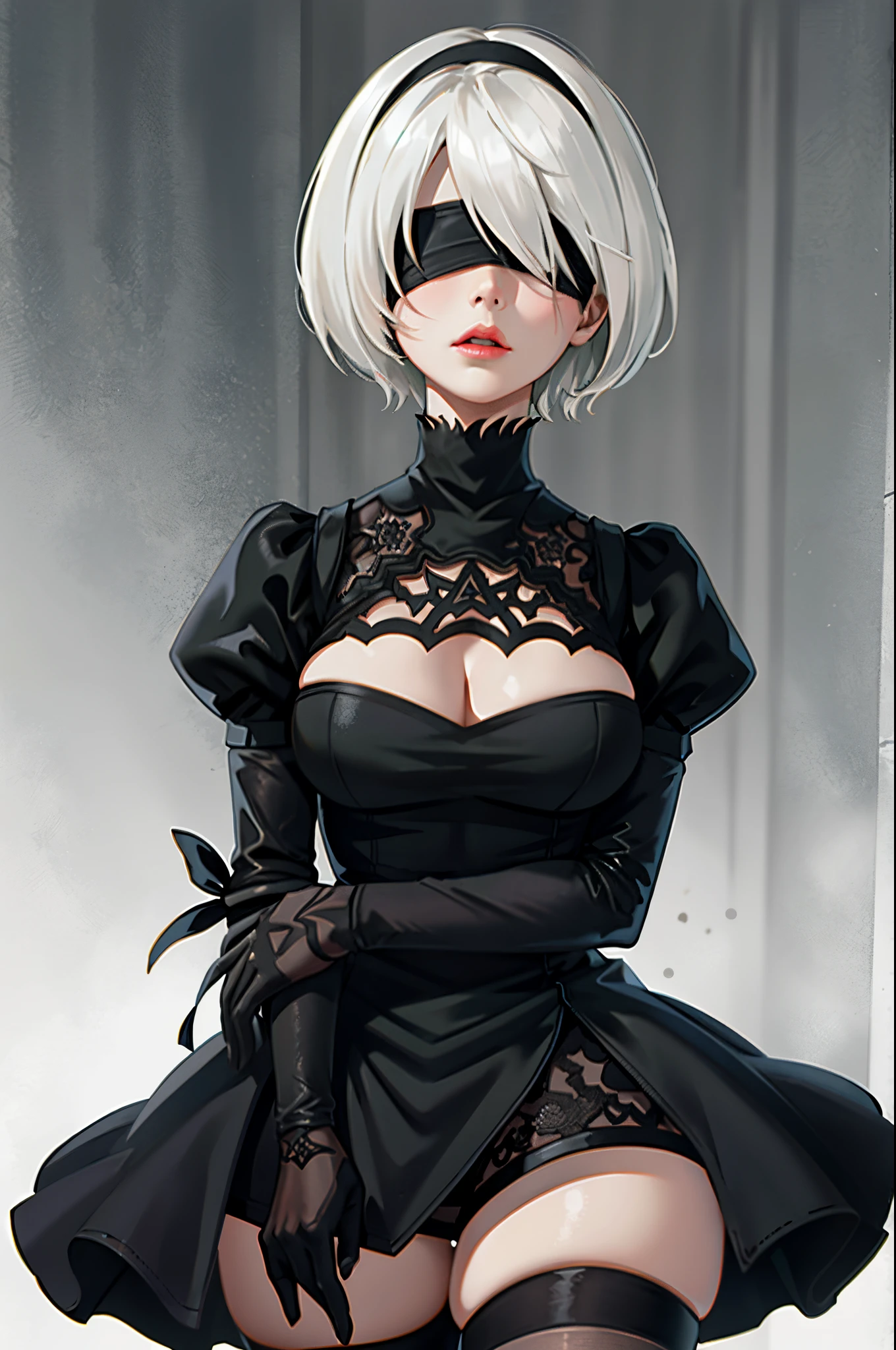 Yorha No. 2 Type B, 1girl in, wlop, (Blindfold), breasts, cleavage, cleavage cutout, Clothes Cutout, Green background, hair between eye, shairband, hight resolution, juliet sleeves, Long sleeves, Nier (Series), Nier Automata, Puffy sleeves, Red lips, Shaded face, Short hair, Solo, turtle neck, Upper body, White hair, skyporn, brushstrokes