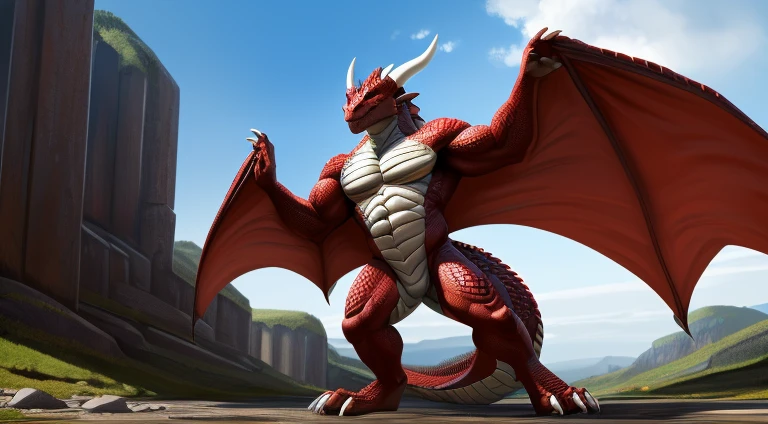 ((solo, full body perspective, masterpiece, chest level shot, standing, calm expression, anthro, looking at viewer)), male, adult, ((dragon-face, leathery wings, detailed scales, extremely detailed, muscled body, medium-length tail, scales, three toes, two-tone scales, white and red body)), grey eyes, high contrast, dynamic composition, high resolution, (five fingers, clawed fingers)