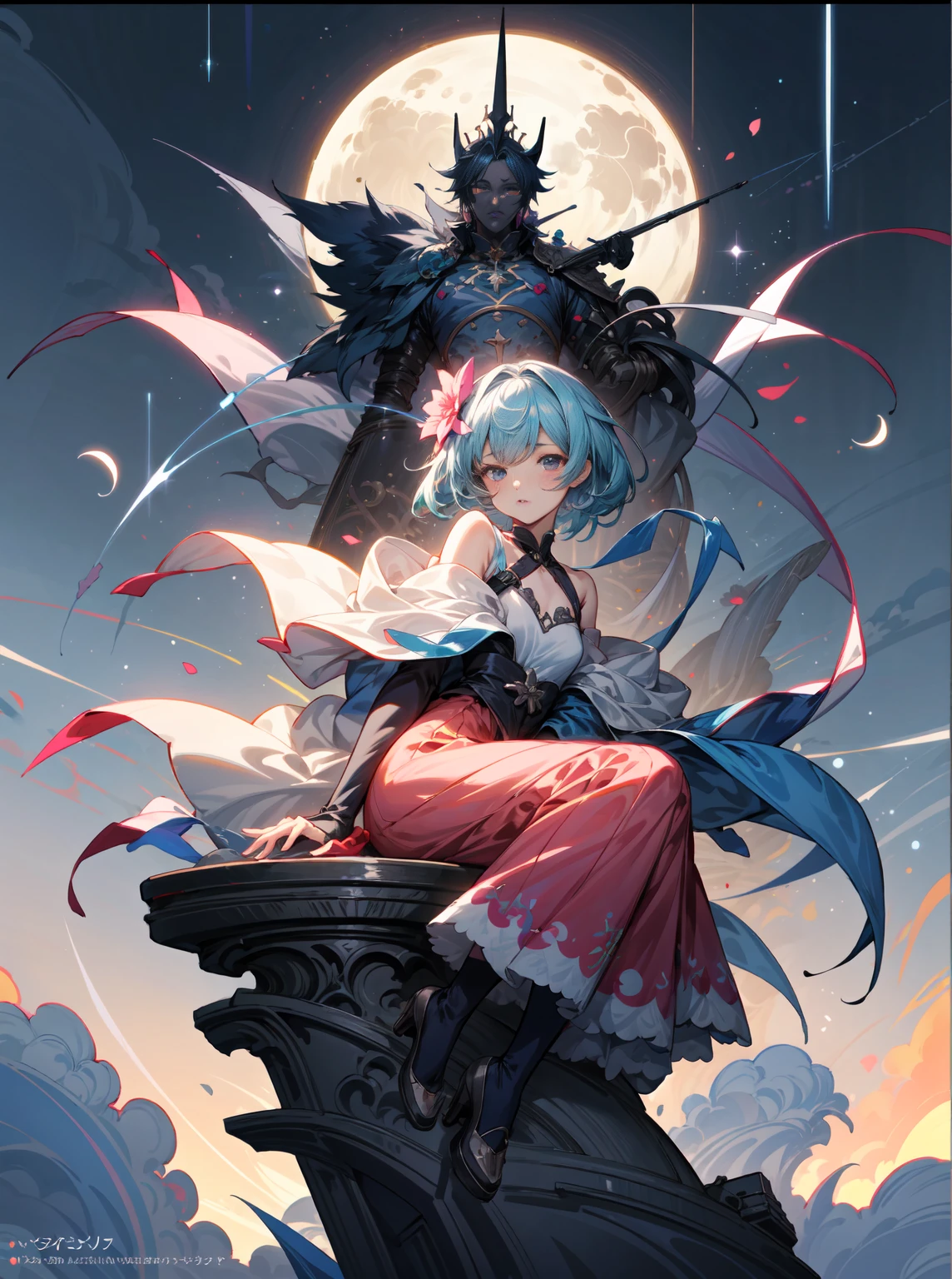 anime girl sitting on a crescent moon 🌙 with a pink dress and a flower, Anime bonito, Guweiz em Pixiv ArtStation, anime de fantasia bonito, bela arte de anime, Arte digital no Pixiv, bela arte de anime, anime fantasy illustration, Guweiz, Guweiz em ArtStation Pixiv, menina anime bonita, trending on artstation pixiv, Pixiv