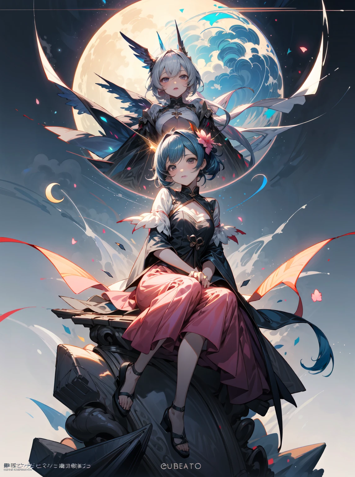 anime girl sitting on a crescent moon 🌙 with a pink dress and a flower, Anime bonito, Guweiz em Pixiv ArtStation, anime de fantasia bonito, bela arte de anime, Arte digital no Pixiv, bela arte de anime, anime fantasy illustration, Guweiz, Guweiz em ArtStation Pixiv, anime bonita, trending on artstation pixiv, Pixiv