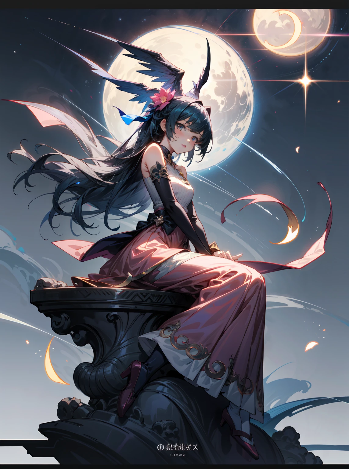 anime girl sitting on a crescent moon 🌙 with a pink dress and a flower, Anime bonito, Guweiz em Pixiv ArtStation, anime de fantasia bonito, bela arte de anime, Arte digital no Pixiv, bela arte de anime, anime fantasy illustration, Guweiz, Guweiz em ArtStation Pixiv, menina anime bonita, trending on artstation pixiv, Pixiv