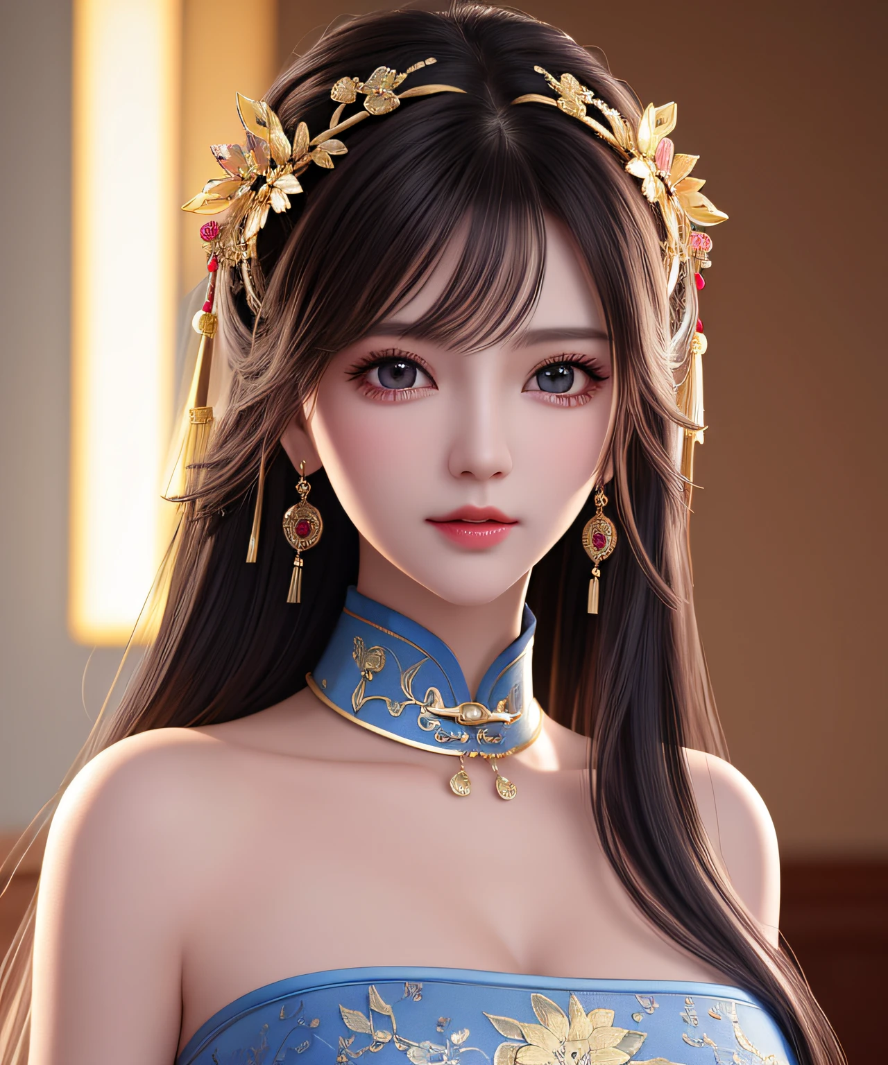 Best quality, masterpiece, high resolution, 1girl, clear silk porcelain dress, beautiful face, hair accessories, looking at the audience, smiling, close your mouth, lips, dress, hair accessories, necklaces, jewelry, long hair, earrings, beautiful face, on the body, Tindal effect, realism, dark studio, edge lighting, two-tone lighting, (high detail skin: 1.2), 8k UHD, DSLR, soft light, high quality, volumetric lighting, photo, high resolution 4K, 8k, blurred background