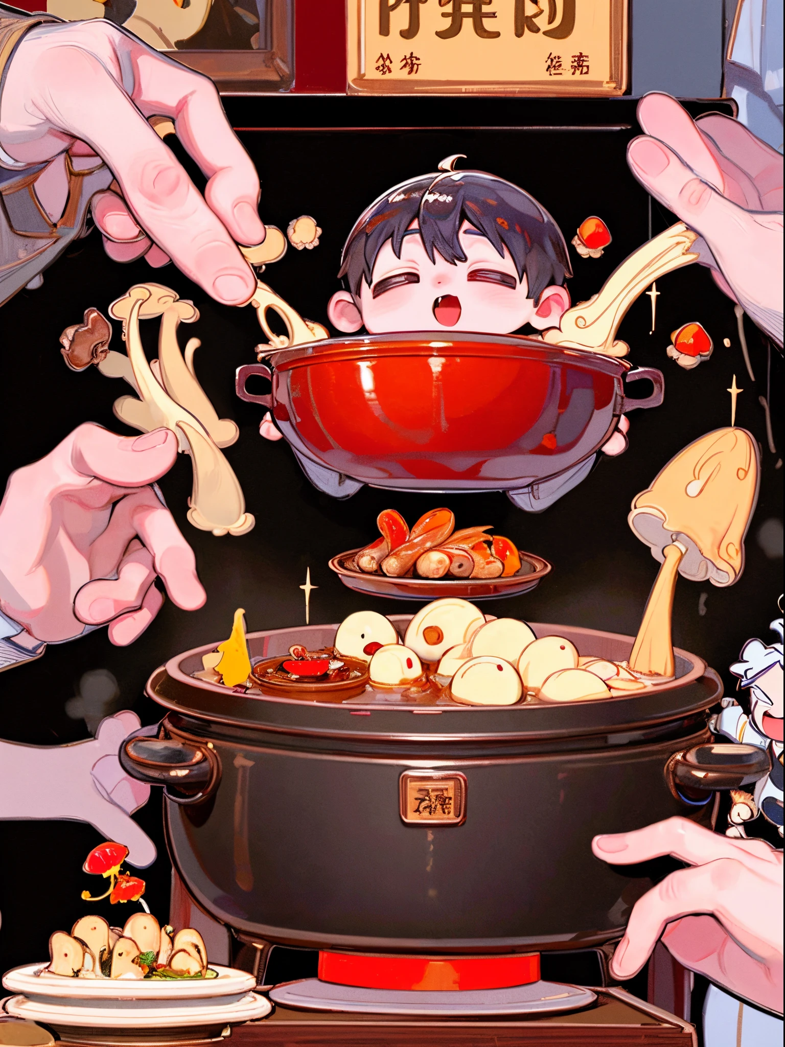 tmasterpiece, Best quality at best, The content is very detailed, detailedbackground, Detailed faces, 1 boy，Eat Sichuan hot pot，Exaggerated big mouth，Close her eyes，Copper pan，hot pot，Chongqing，sichuan，Copper pan，chili pepper，lamb slices，verdure，Enoki mushroom，k hd，Clean common areas，multi-detail，shiitake，coriander，tofu
