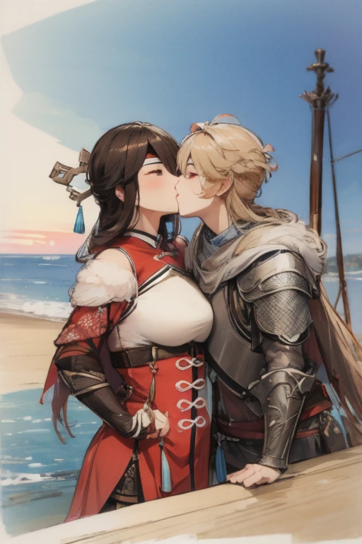 Beidou (Genshin Impact), kissing, Knights Templar, Knight Armor, Ship, Sea, Sunset