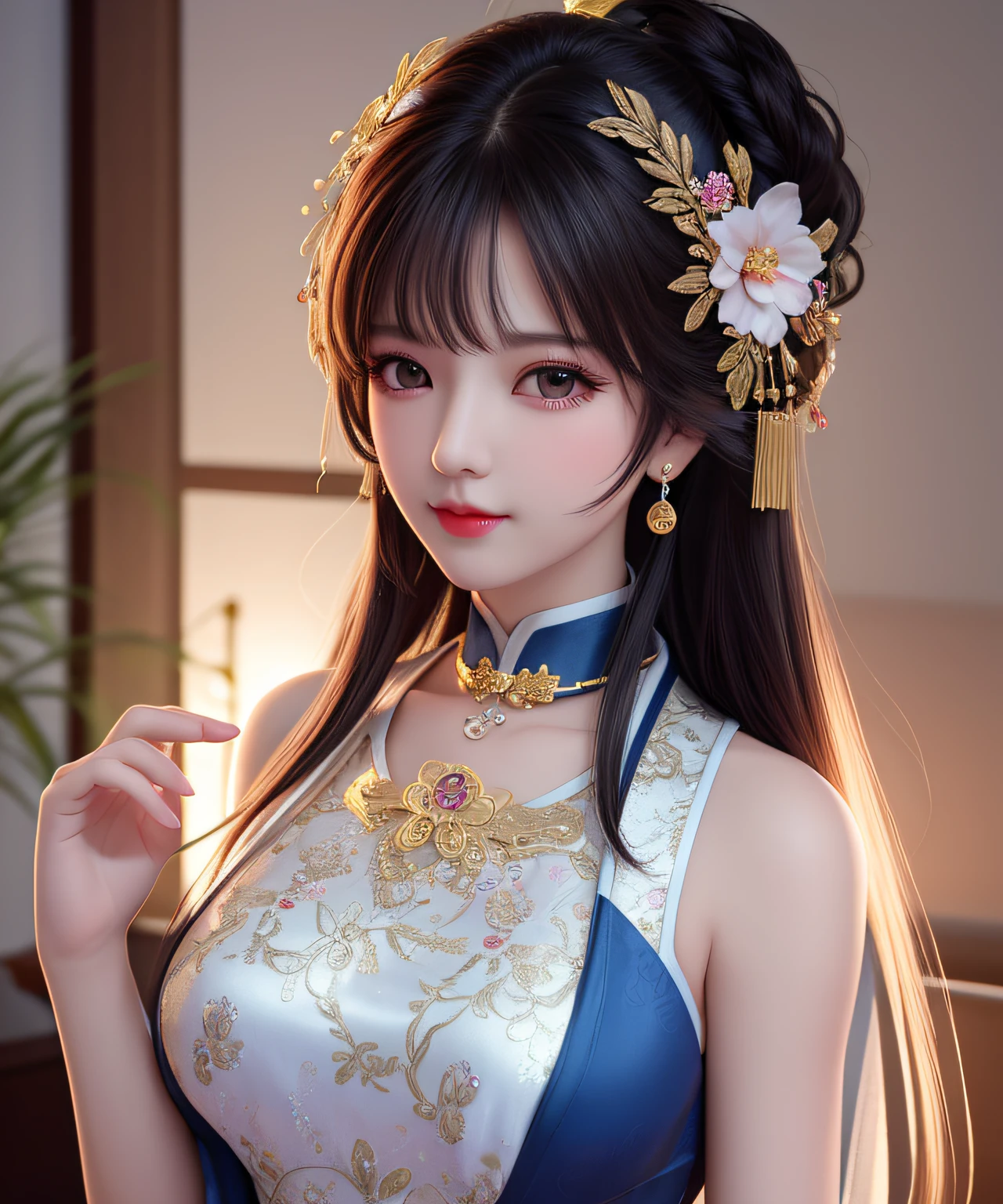 masterpiece, Highest quality, Very detailed, Facing the camera, Super detailed and complicated, Realistic, Sharp features, Very detailed, Sharp focus, Perfect Face, Perfect Face, Perfect symmetrical perfect eyes, Perfect Plump Lips, Flexible female form, cinematic, Film Light, Super detailed, hyper Realistic, masterpiece, Atmospheric, High resolution, Vibrant, Cheongsam Girl,Long Hair,Pure white background,Depth of written boundary,Kneeling,Cinema Lighting,Ultra-fine,Very detailed,complicated,cinematic Perspective,CG Art,Side zipper