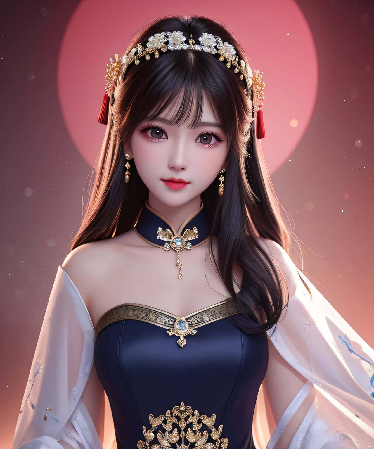 Best quality at best, tmasterpiece, A high resolution, 1 plump girl,On the cheongsam,hair adornments,choker necklace, jewely,Nice face,full bodyesbian,realistically, dark studio, edge lit, two color lights,(highdetailskin:1.2), 8k ultra high definition, SLR camera, gentlesoftlighting, high high quality, Volumetriclighting, Frankness, photore, A high resolution, 4K, 8K, bokeh,Detailed details