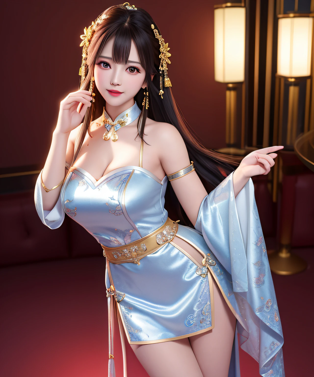 ((masterpiece, best quality)), Delicate face, wholehearted love, Rich in details, Multiple poses and expressions, Very detailed, depth, Many parts，beautiful girl，Light，发Light，Red and Gold，Phoenix decoration，gauze，Lace，Lace连裤袜，High heel