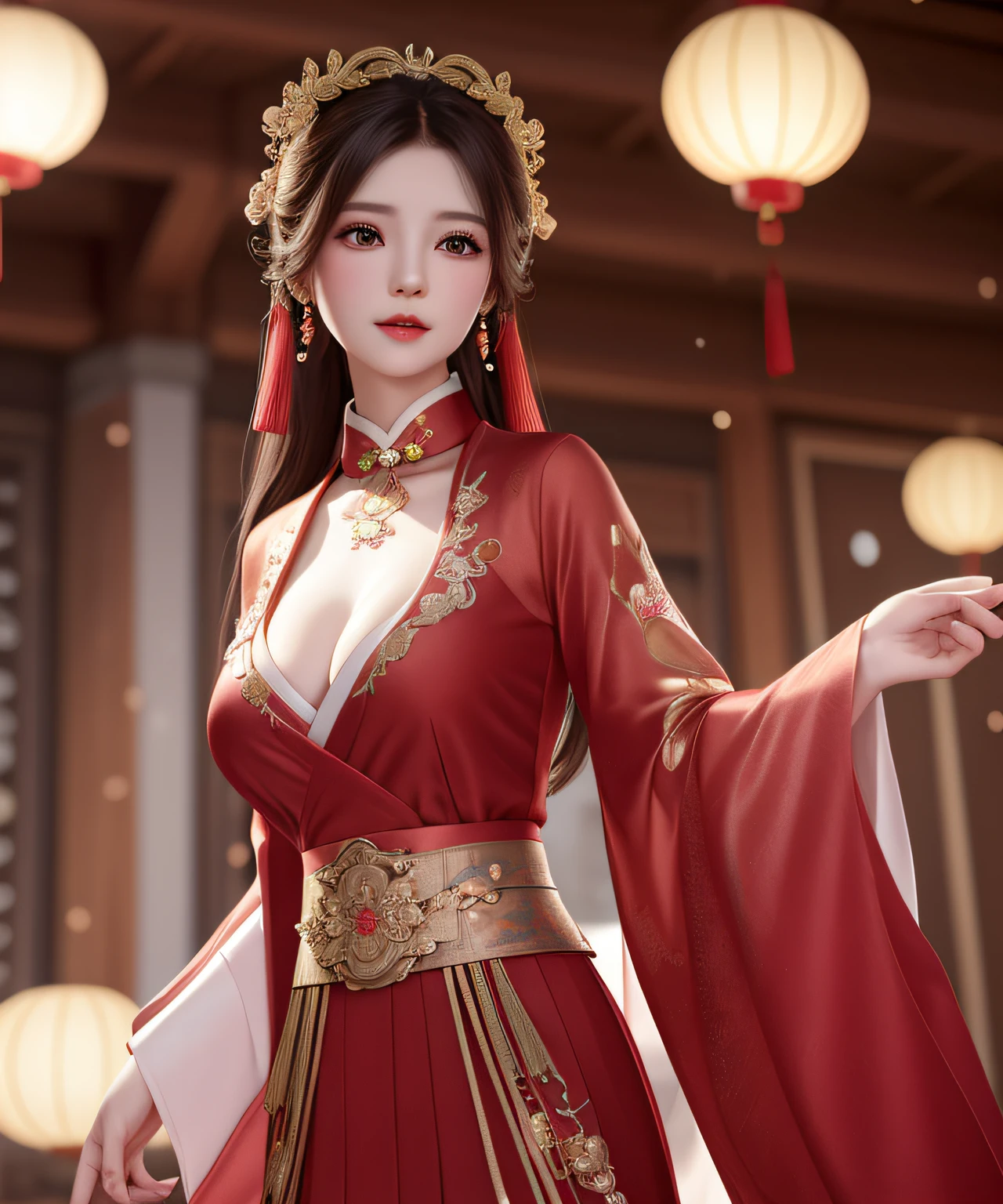 Best quality at best, tmasterpiece, A high resolution, 1个Giant Breast Girl, china hanfu,Chinese architect background, red neckchief, hair adornments,choker necklace, jewely,pretty face,above_body, dingdall effect,realisticlying, dark studio, edge lit, two color lights,(highdetailskin:1.2), 8k ultra high definition, SLR camera, gentlesoftlighting, high qulity, Volumetriclighting, Frankness, photore, A high resolution, 4K, 8K, bokeh,girl in red dress