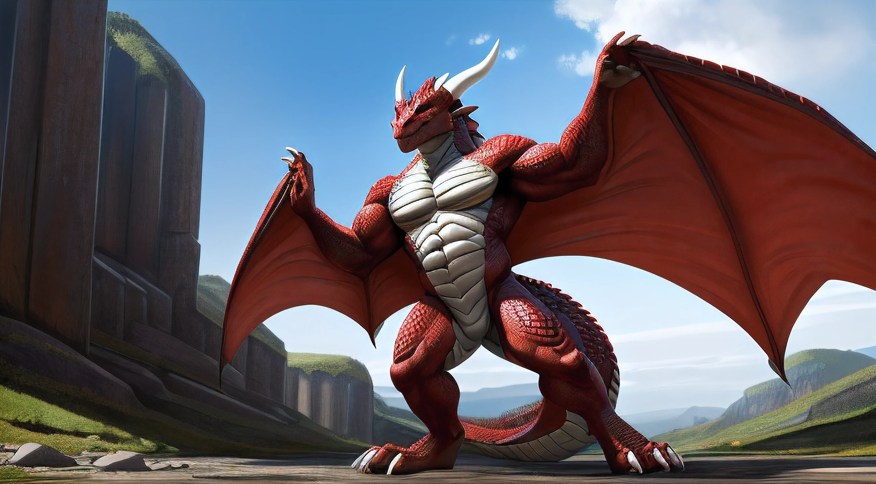 ((solo, full body perspective, masterpiece, chest level shot, standing, calm expression, anthro, looking at viewer)), male, adult, ((dragon-face, leathery wings, detailed scales, extremely detailed, muscled body, medium-length tail, scales, three toes, two-tone scales, white and red body)), grey eyes, high contrast, dynamic composition, high resolution, (five fingers, clawed fingers)