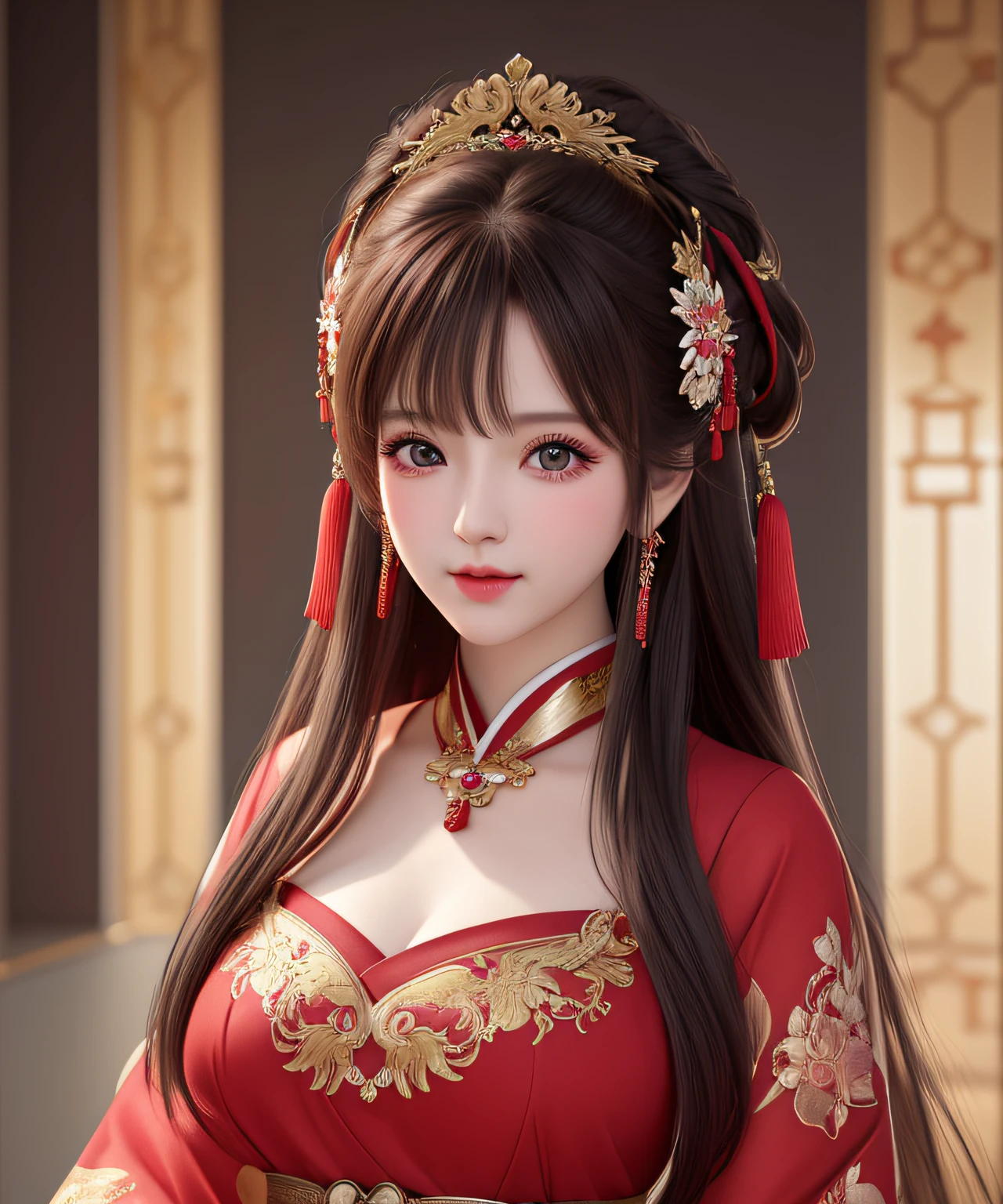 Best quality at best, tmasterpiece, A high resolution, 1个Giant Breast Girl, china hanfu,Chinese architect background, red neckchief, hair adornments,choker necklace, jewely,pretty face,above_body, dingdall effect,realisticlying, dark studio, edge lit, two color lights,(highdetailskin:1.2), 8k ultra high definition, SLR camera, gentlesoftlighting, high qulity, Volumetriclighting, Frankness, photore, A high resolution, 4K, 8K, bokeh,girl in red dress
