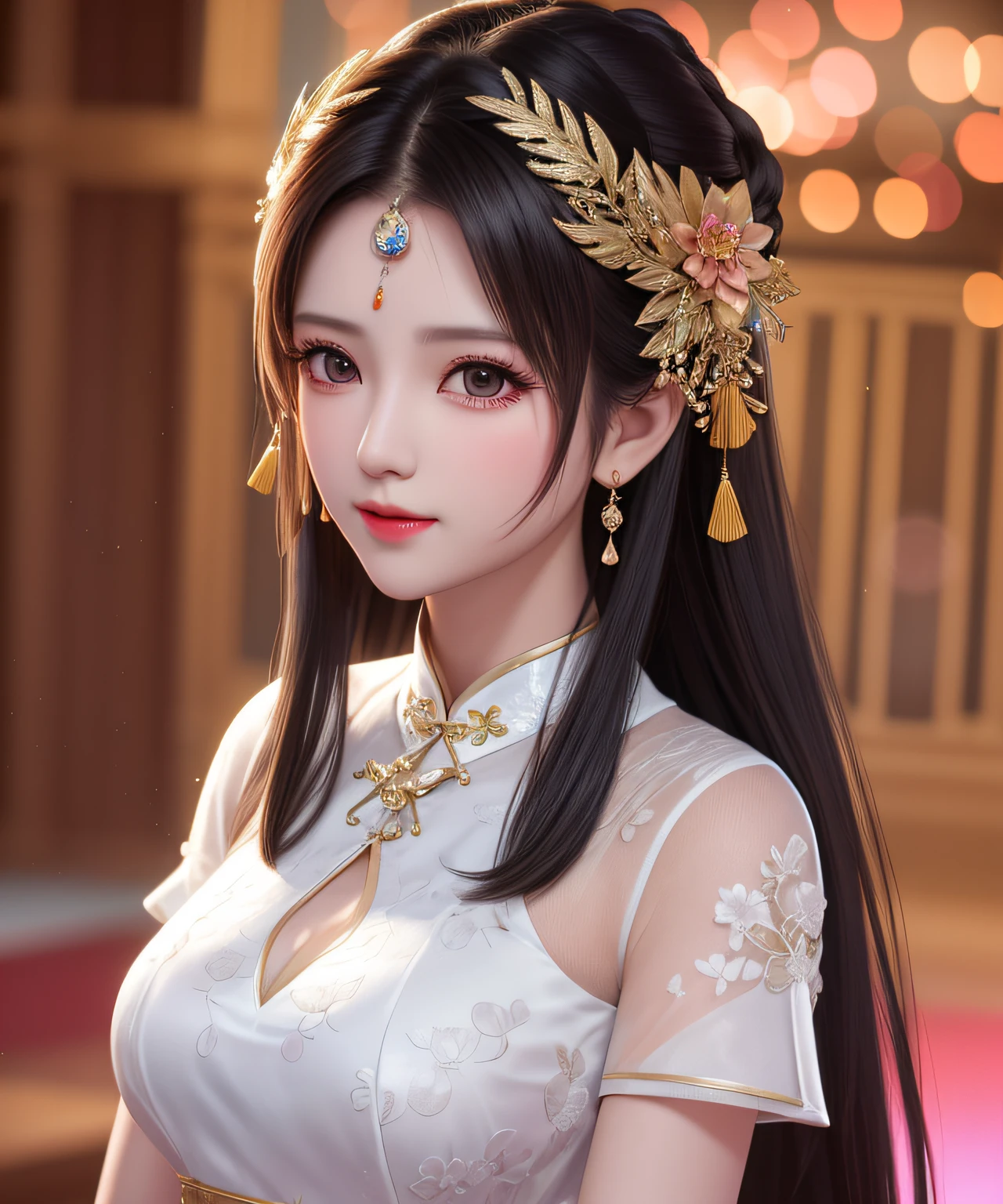 Best quality, tmasterpiece, A high resolution, 1 busty girl,on cheongsam,hair adornments,choker necklace, jewely,Nice face,full bodyesbian, dingdall effect,realistically, dark studio, edge lit, two color lights,(highdetailskin:1.2), 8k ultra high definition, SLR camera, gentlesoftlighting, high high quality, Volumetriclighting, Frankness, photore, A high resolution, 4K, 8K, bokeh,