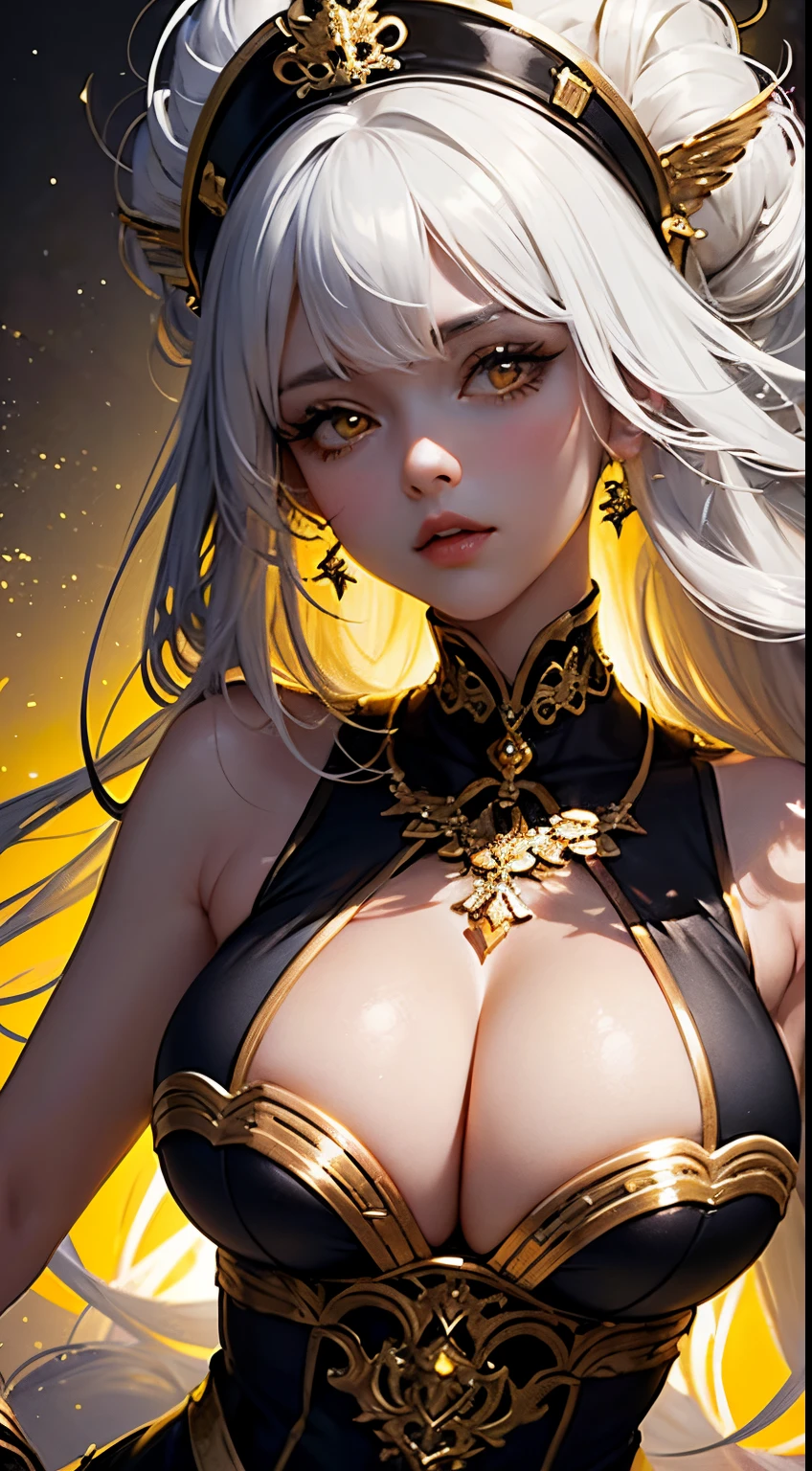 MKSK style, 1 plump girl, Cute big breasts, Surrounded by yellow lights, gold eyes, White hair, with black background, Close-up cleavage, No smile, tmasterpiece, ultra - detailed，Colossal tits，Huge cleavage