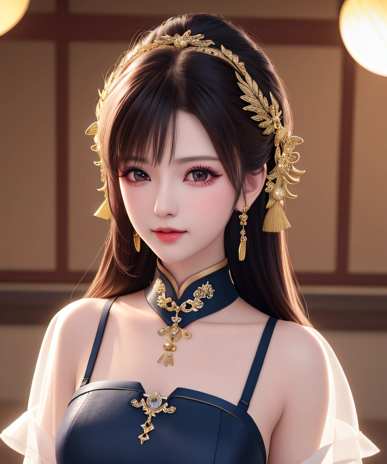 (best quality,highres:1.2),ultra-detailed,realistic,portrait,red strapless robe with crossed collars, Tang Dynasty attire:1.1,beautiful detailed face,astonishing beauty,vivid and lively eyes,radiant skin complexion,dynamic pose,captured in a garden scene:1.1,ornate gilded headdress in Queen Phoenix hairstyle,long flowing black hair,medium-sized bosom,hand placed gracefully behind her back.