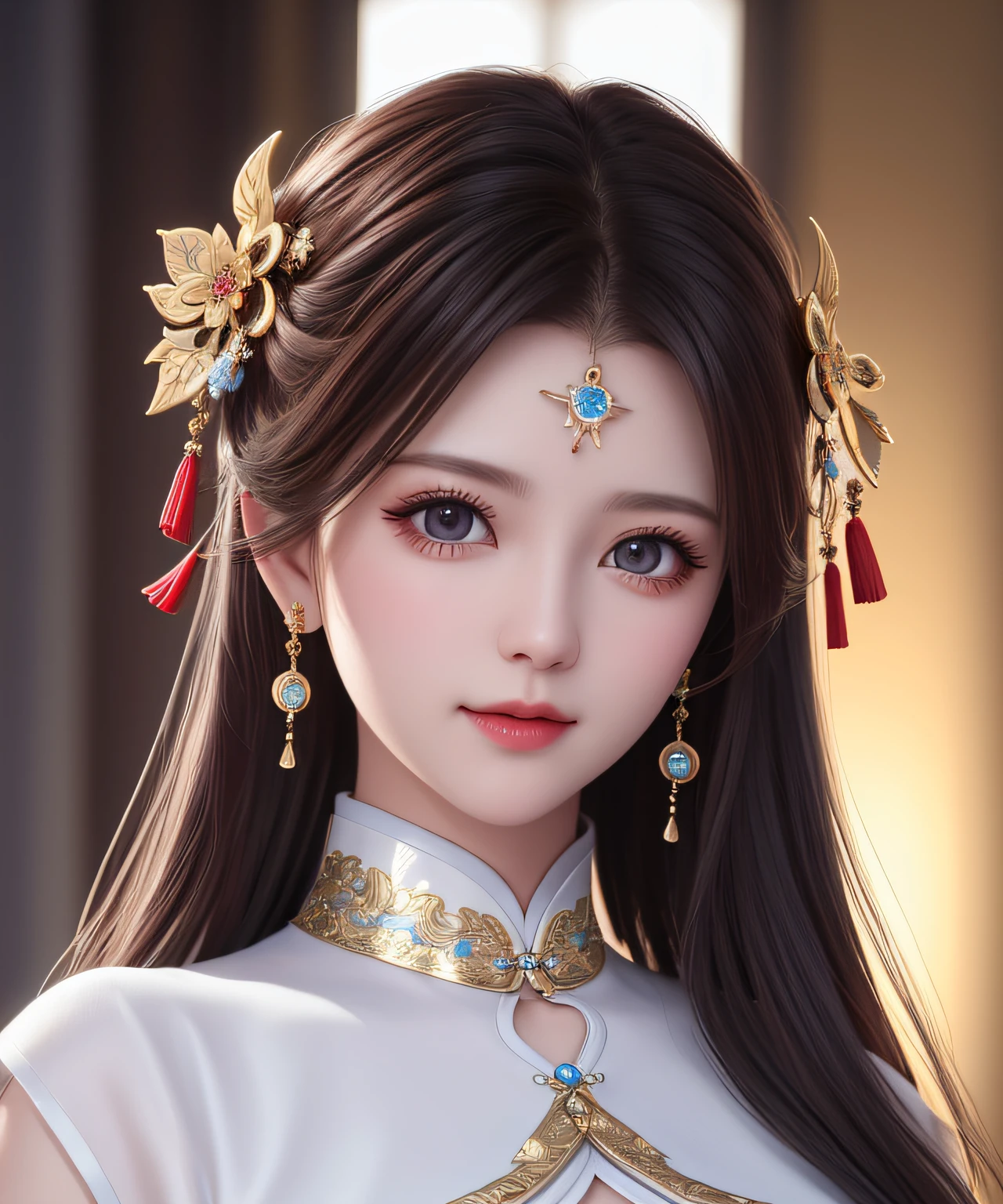 Best quality, tmasterpiece, A high resolution, 1 busty girl,on cheongsam,hair adornments,choker necklace, jewely,Nice face,full bodyesbian, dingdall effect,realistically, dark studio, edge lit, two color lights,(highdetailskin:1.2), 8k ultra high definition, SLR camera, gentlesoftlighting, high high quality, Volumetriclighting, Frankness, photore, A high resolution, 4K, 8K, bokeh,