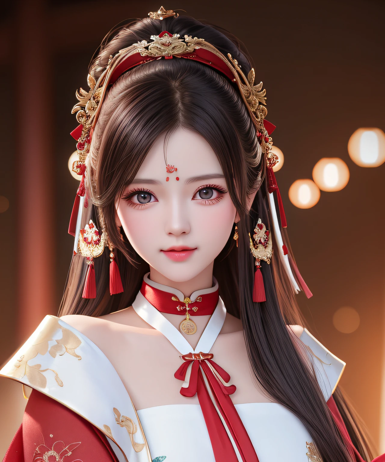 Best quality, tmasterpiece, A high resolution, 1 busty girl, china hanfu,Chinese architect background, red neckchief, hair adornments,choker necklace, jewely,Nice face,more than_body, dingdall effect,realistically, dark studio, edge lit, two color lights,(highdetailskin:1.2), 8k ultra high definition, SLR camera, gentlesoftlighting, high high quality, Volumetriclighting, Frankness, photore, A high resolution, 4K, 8K, bokeh,Girl in red
