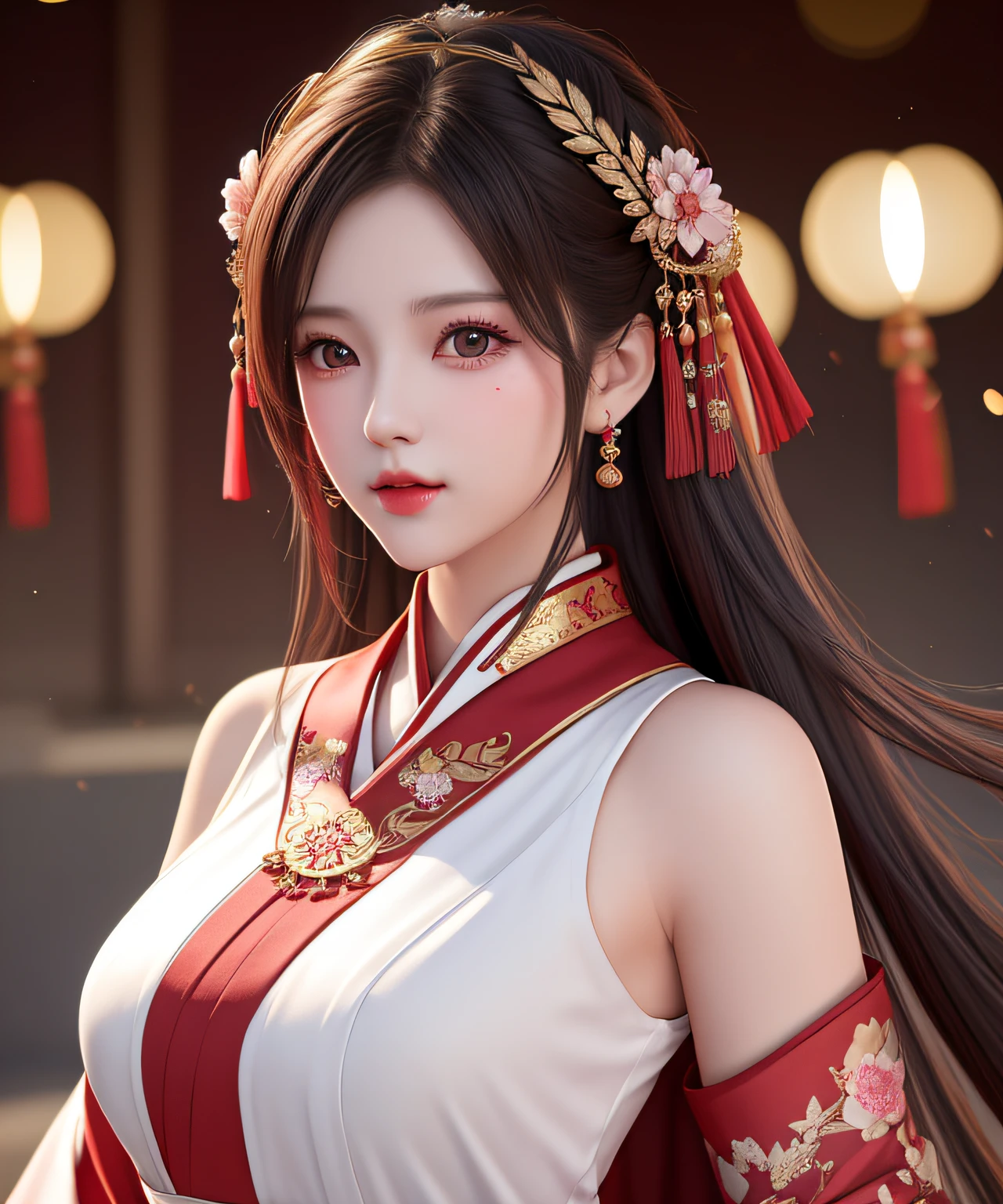 Best quality, tmasterpiece, A high resolution, 1 busty girl, china hanfu,Chinese architect background, red neckchief, hair adornments,choker necklace, jewely,Nice face,more than_body, dingdall effect,realistically, dark studio, edge lit, two color lights,(highdetailskin:1.2), 8k ultra high definition, SLR camera, gentlesoftlighting, high high quality, Volumetriclighting, Frankness, photore, A high resolution, 4K, 8K, bokeh,Girl in red