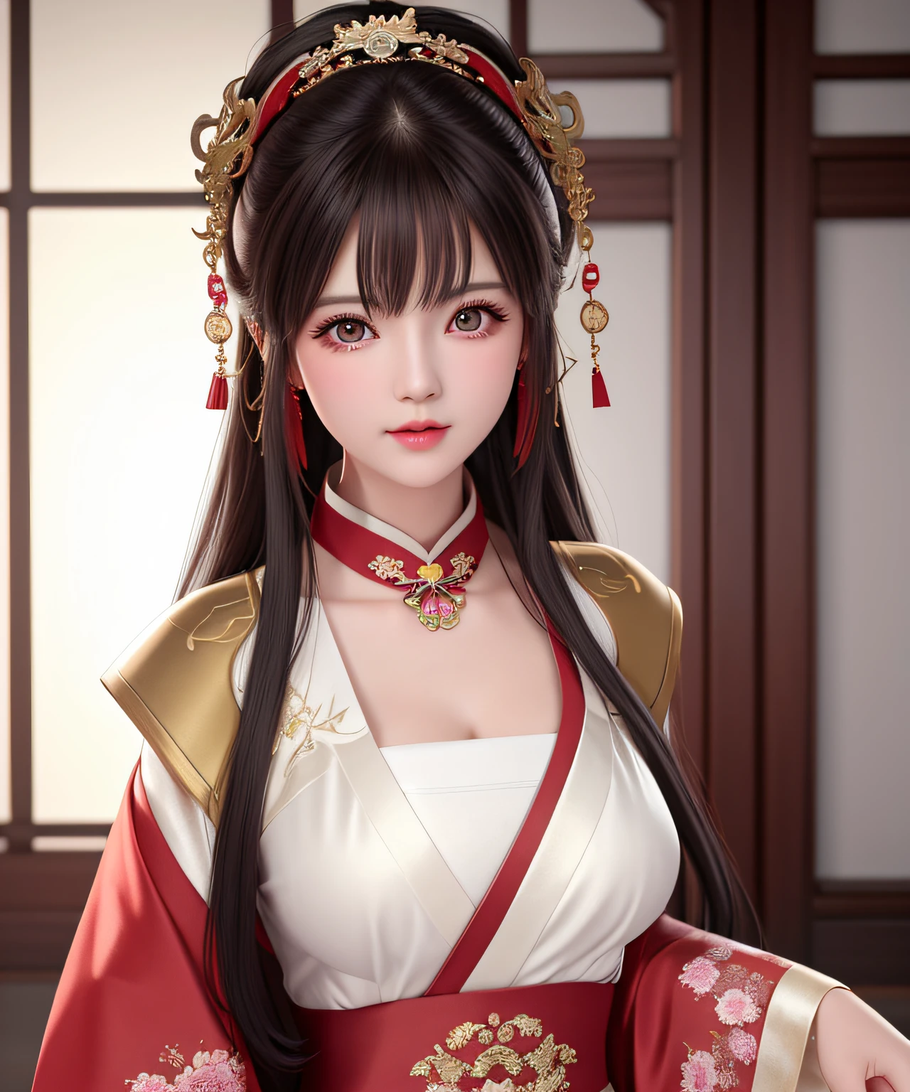 Best quality, tmasterpiece, A high resolution, 1 busty girl, china hanfu,Chinese architect background, red neckchief, hair adornments,choker necklace, jewely,Nice face,more than_body, dingdall effect,realistically, dark studio, edge lit, two color lights,(highdetailskin:1.2), 8k ultra high definition, SLR camera, gentlesoftlighting, high high quality, Volumetriclighting, Frankness, photore, A high resolution, 4K, 8K, bokeh,Girl in red