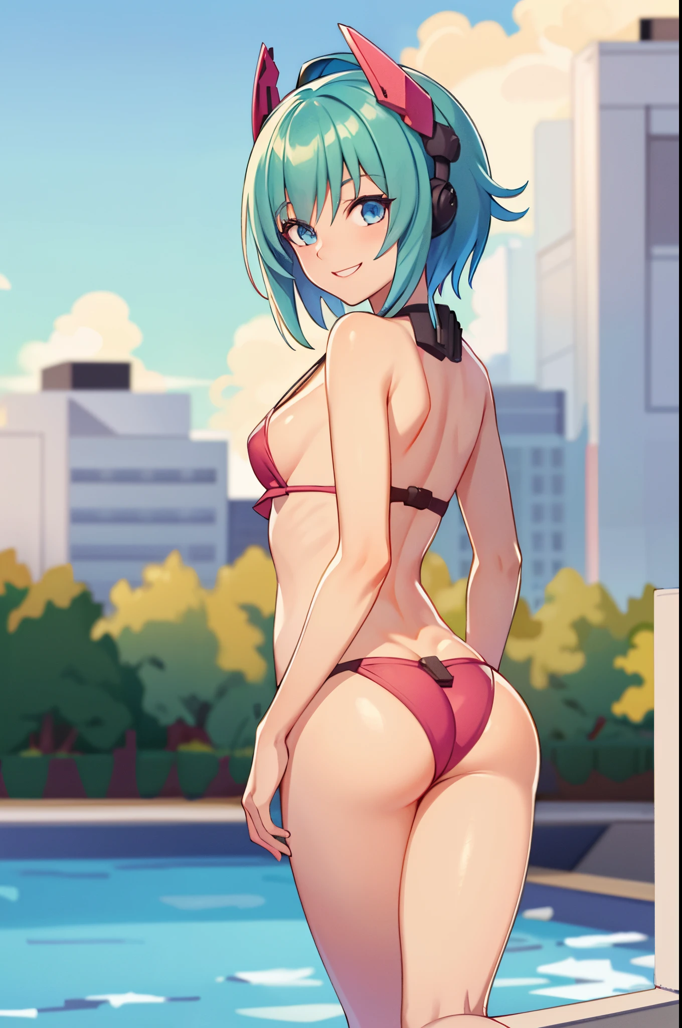 (best quality,4k,8k,highres,masterpiece:1.2),ultra-detailed,realistic,beautiful detailed eyes,beautiful detailed lips,extremely detailed eyes and face,longeyelashes,portraits,pink bikini,green hair, short hair,blue eyes,red mecha headgear,small breasts,smiling,piscina,sharp focus,vivid colors, full body in frame, sun light in front, less shadow, butt, butt to viewer, from behind, vivid colors, crawling