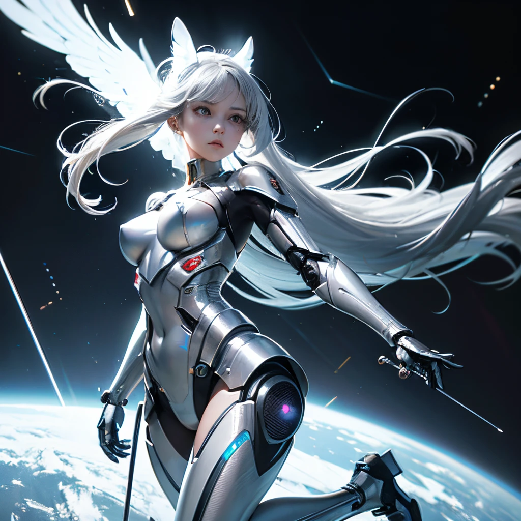 1girl,A girl with a cyborg body is watching a flying kick.,Beautiful as an angel,cool expression,Accurately depicted faces,long flowing silver hair,mechanical ears,perfectly proportions,Cyborg body with a precise design made of plastic and metal,Joints are mechanical,Active Poses and Angles,Background like cyberspace,​masterpiece,hiquality,