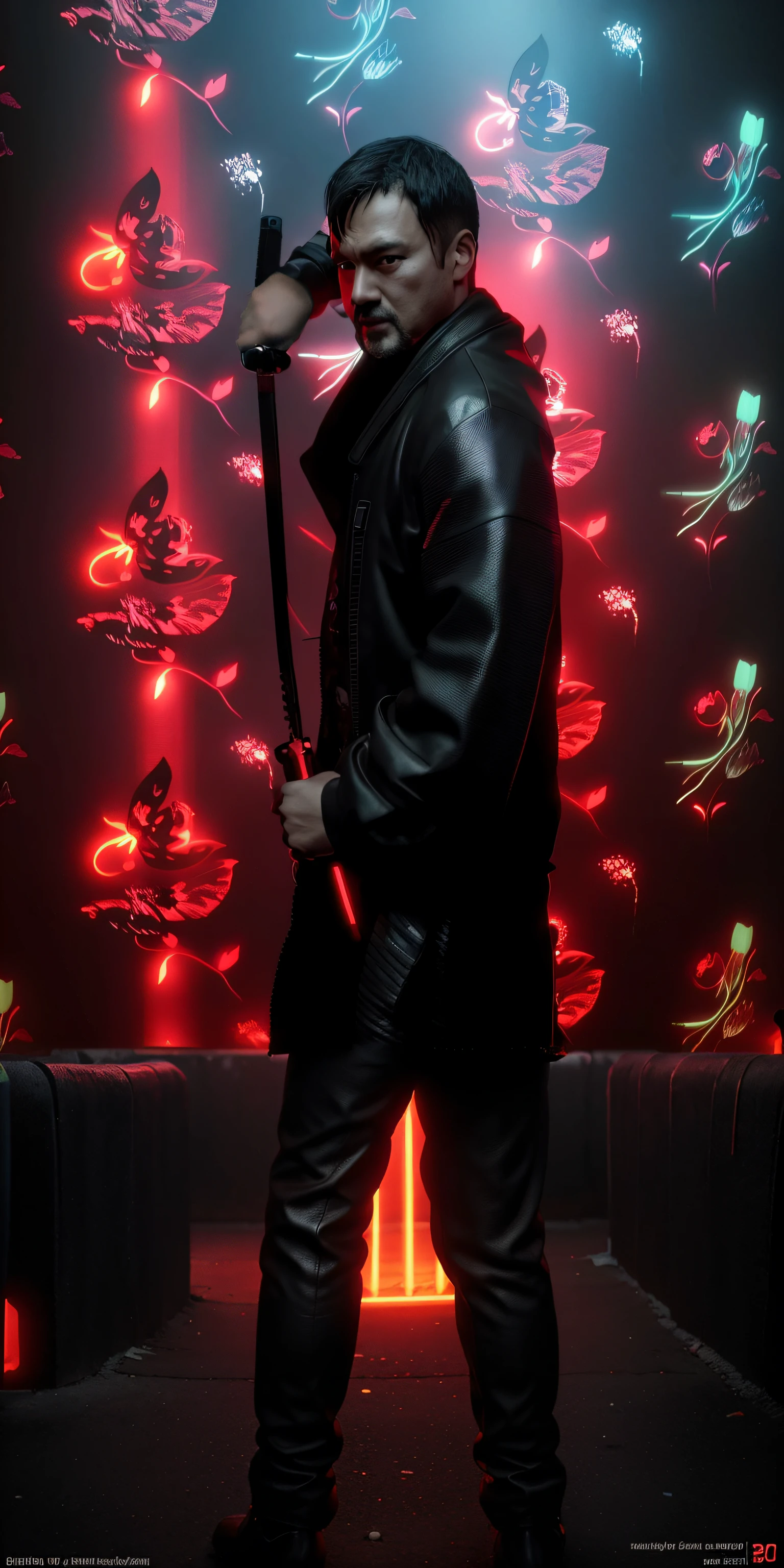 Cyberpunk digital art of a neon city with a samurai figure, highlighting the contrast between traditional and futuristic highly detailed 4K digital art, Stunning 8k artwork, long leather coat reaching to the ground, берцы, leather pants