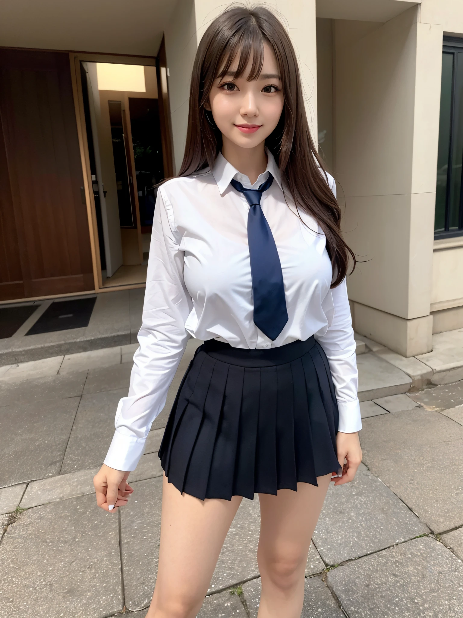 ((masterpiece)), ((best quality)), (ultra-detailed), ((extremely detailed)), 4K, (8K), best quality, (beautiful), realistic, real, dynamic angle0, front view a Japanese young pretty girl ,city, glamorous figure ,long bob hair ,1girl, solo,(White shirt), (blue tie), (gray pleated miniskirt), (black loafer shoes) , ((beautiful eyes)), large breast, a big smile, hyper cute face, glossy lips, double eyelids for both eyes, long eyelashes ,natural makeup, shiny smooth light brown hair of long bob hair, asymmetrical bangs, high resolution, high detail, detailed hairstyle, detailed face, cinematic lighting, octane rendering, hyper realistic, perfect limbs, perfect anatomy