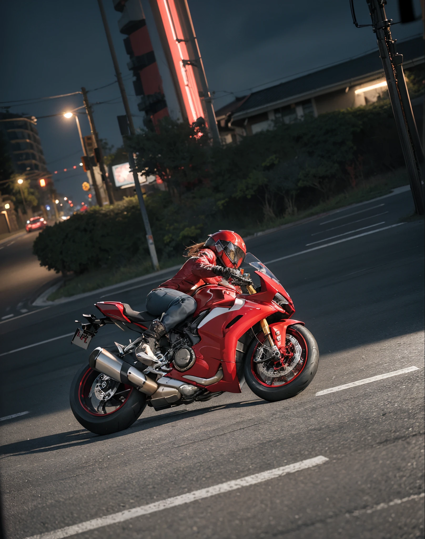hight resolution、high-level image quality、in 8K、Real live-action、Raw photography、top-quality、masterpiece、masutepiece、(Soft Saturation:1)、(depth of fields:1.2)、(Ray traching:1.2)、Shot diagonally from above、mid night、optic、The background is a sci-fi future city at night....、Light traces、Flowing light、heavy wind、Big red motorcycle speeding through the city at night、Young woman in red dress sitting on a big red motorcycle, red mech helmet、(Red Skin Jacket:1.2)、(Red short skirt:1.3)、white knee highs、(Red boots:1.2、Draw the toes:1.2)、perfect hand、perfect foot、perfect ankles、Perfect toes、Perfect toes、Perfect Heel:1.3、((Grasp the controller with both hands:1.2))、Slouched、put one'Upper body, Lower body:1.2、Sitting on the Ducati Panigale V4,Riding the Ducati Panigale V4, Sci-fi style bikes, Sci-fi style bikes, Ducati Panigale V4 Motorcycle Rider, How to ride the Ducati Panigale V4, (Draw left and right rearview mirrors:1.3)、headlights shine blue、picture of a female biker, motorbike,Motorcycle displacement: Ducati Panigale V4 Details、motion-blur、raise white smoke、