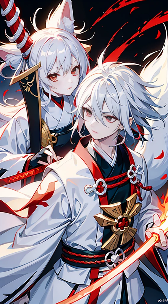 An anime character with white hair and wearing red and black costume is holding a sword, onmyoji detailed art, Onmyoji, portrait onmyoji, from arknights, fox nobushi holding a naginata, fox nobushi, white haired god, White-haired fox, a beautiful kitsune woman, flowing white robes, detailed anime character art, White fox anime