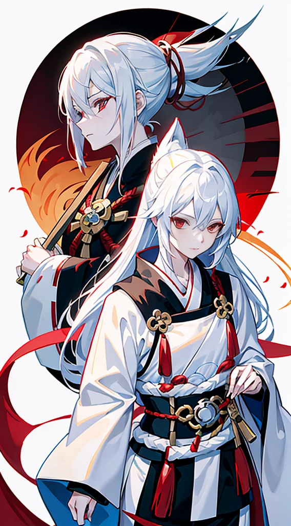 An anime character with white hair and wearing red and black costume is holding a sword, onmyoji detailed art, Onmyoji, portrait onmyoji, from arknights, fox nobushi holding a naginata, fox nobushi, white haired god, White-haired fox, a beautiful kitsune woman, flowing white robes, detailed anime character art, White fox anime