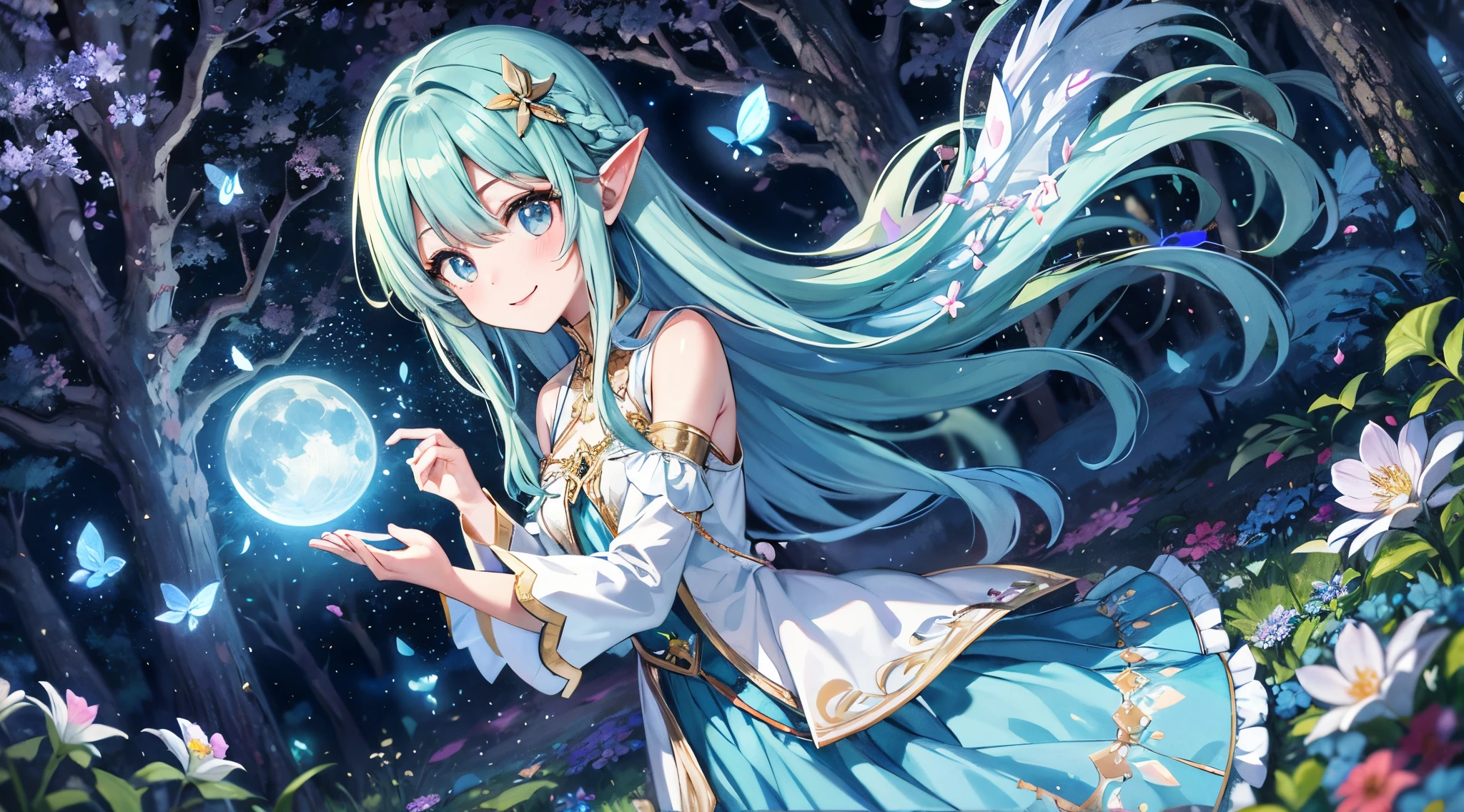 Dynamic Angle、 within a magical forest, a mystical fairy girl emerges, Light blue long hair、As for the hairstyle。Twin-tailed、adorable smiling、Moonlight twinkle. Her skirt, woven from petals and stardust, shimmers with an iridescent glow, Flowering trees々While flapping its wings in the sparkling fireflies, the air resonates with the ethereal symphony of nature's whispers, Creating a field where dreams and reality intersect、Fantasy World、The World of Picture Books