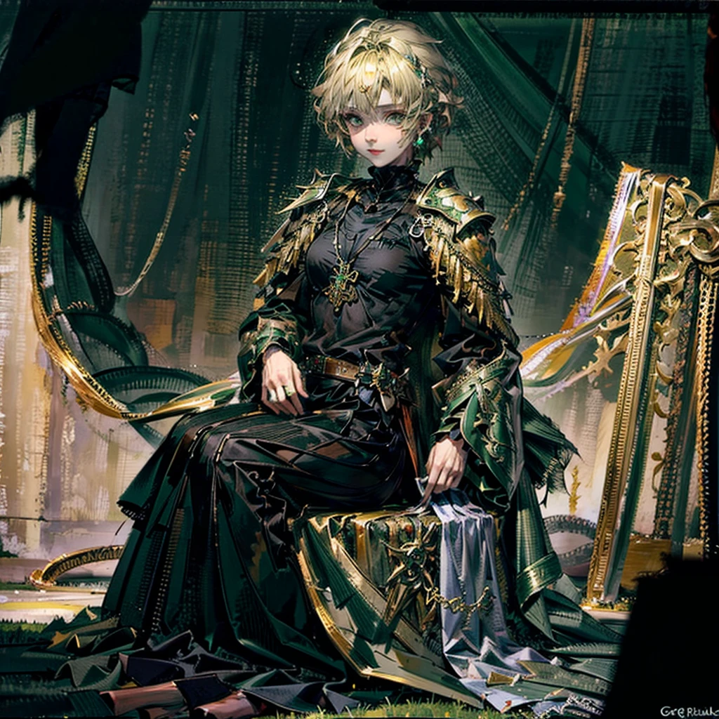 Niels Visser is a prince with golden blonde hair, Wearing a moss green medieval military uniform, Look forward to the piercing emerald green gaze. Full body, art by greg rutkowski