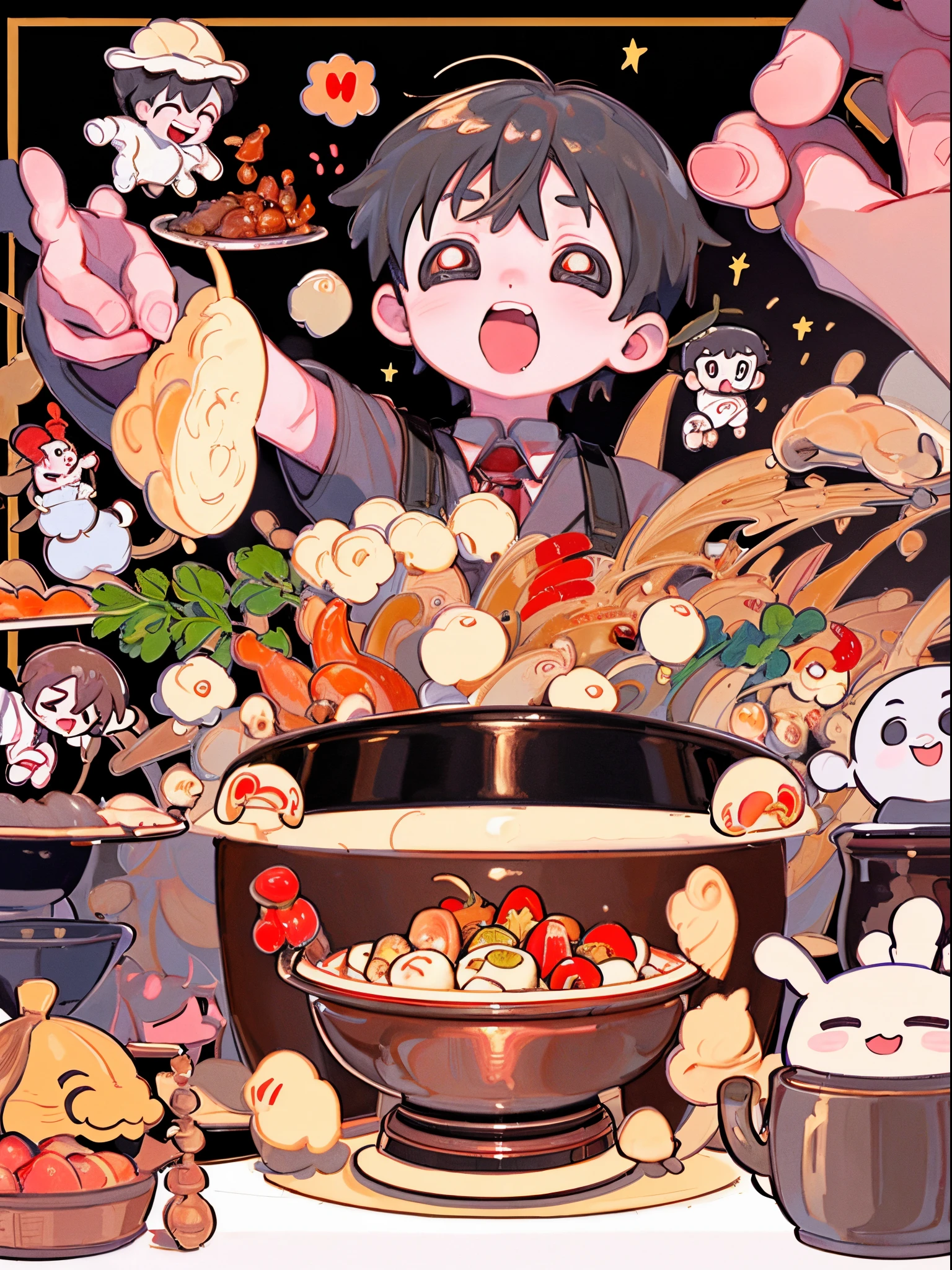 tmasterpiece, Best quality at best, The content is very detailed, detailedbackground, Detailed faces, 1 boy，Eat Sichuan hot pot，Exaggerated big mouth，Close her eyes，Copper pan，hot pot，Chongqing，sichuan，Copper pan，chili pepper，lamb slices，verdure，Enoki mushroom，k hd，Clean common areas，multi-detail，shiitake，coriander，tofu