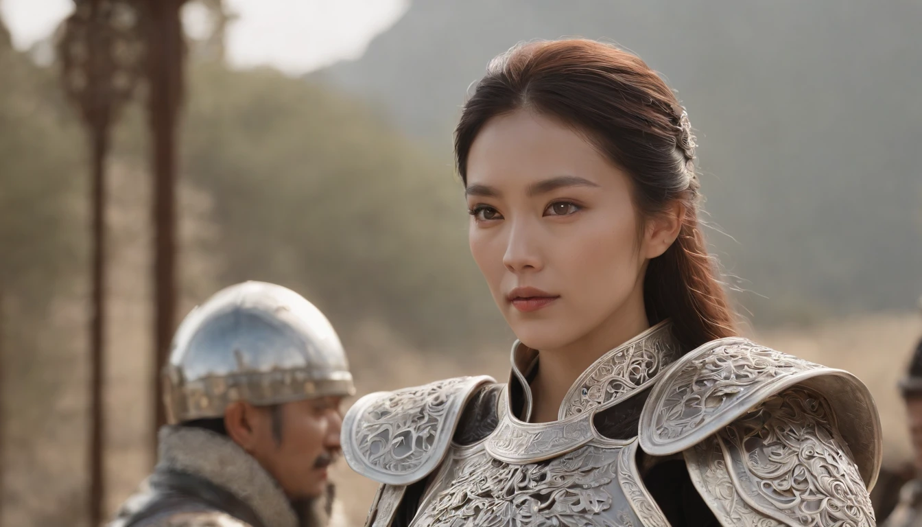 (((top-quality: 1.4))),(Unbeatable masterpiece),超高分辨率,(真实感:1.4),intricately details, Dressed in period costume,Amazing,Middle age,asian male,Looking to the left,Surreal photography, (cabelos preto e longos), Have a well-proportioned figure, (Beautiful and detailed armor), hugs, Exquisite (white platinum) filigrees, Complex filigree, glowing, The content is very detailed, intricately details, facial-symmetry, tmasterpiece, Award-winning, Focus sharp, concept-art, , Octagon rendering,(Half-length picture :1.5