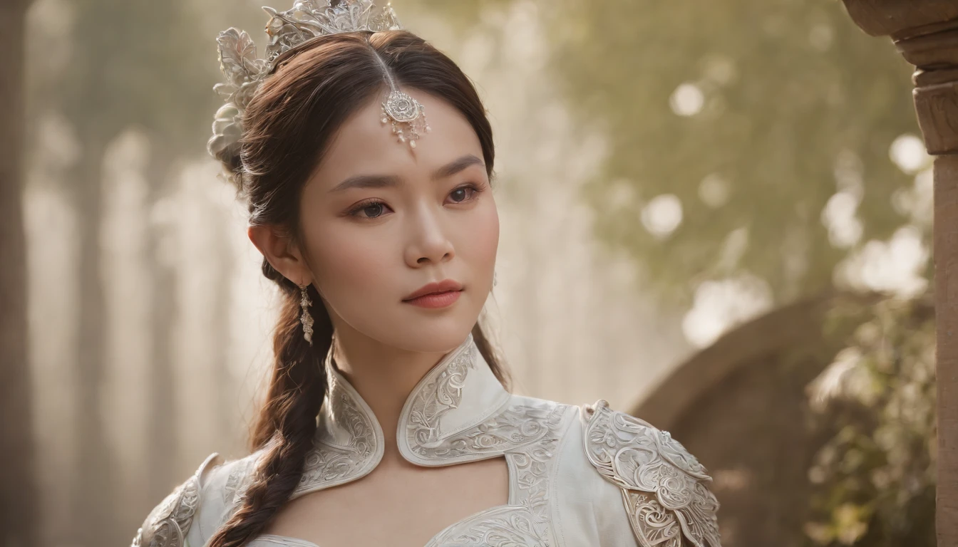 (((top-quality: 1.4))),(Unbeatable masterpiece),超高分辨率,(真实感:1.4),intricately details, Dressed in period costume,Amazing,Middle age,asian male,Looking to the left,Surreal photography, (cabelos preto e longos), Have a well-proportioned figure, (Beautiful and detailed armor), hugs, Exquisite (white platinum) filigrees, Complex filigree, glowing, The content is very detailed, intricately details, facial-symmetry, tmasterpiece, Award-winning, Focus sharp, concept-art, , Octagon rendering,(Half-length picture :1.5