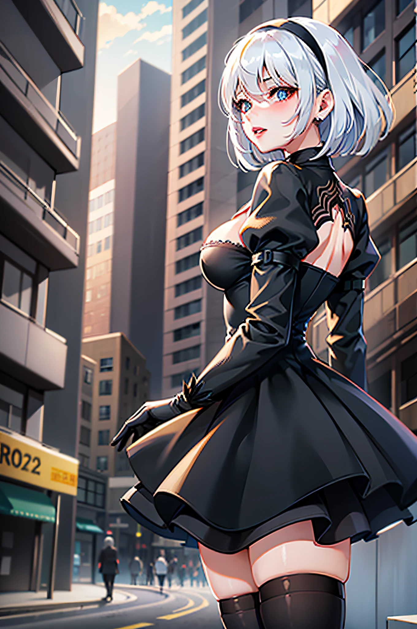 (masutepiece, Best Quality, Detailed:1.4), 1girl in, 2b nier automata, Yorha No.2 Type B, Solo, bob cuts, White hair, Parted lips, Lips, breasts, medium breasts, Long sleeves, juliet sleeves, cleavage cutout, black hairband, Parted lips, black thighhighs, Black Gloves, cleavage, turtle neck, Bangs, Feather trim, feather-trimmed sleeves, Black blindfold, Black skirt standing, from behind, Low angle outdoors, Buildings, city, Post-apocalypse, day